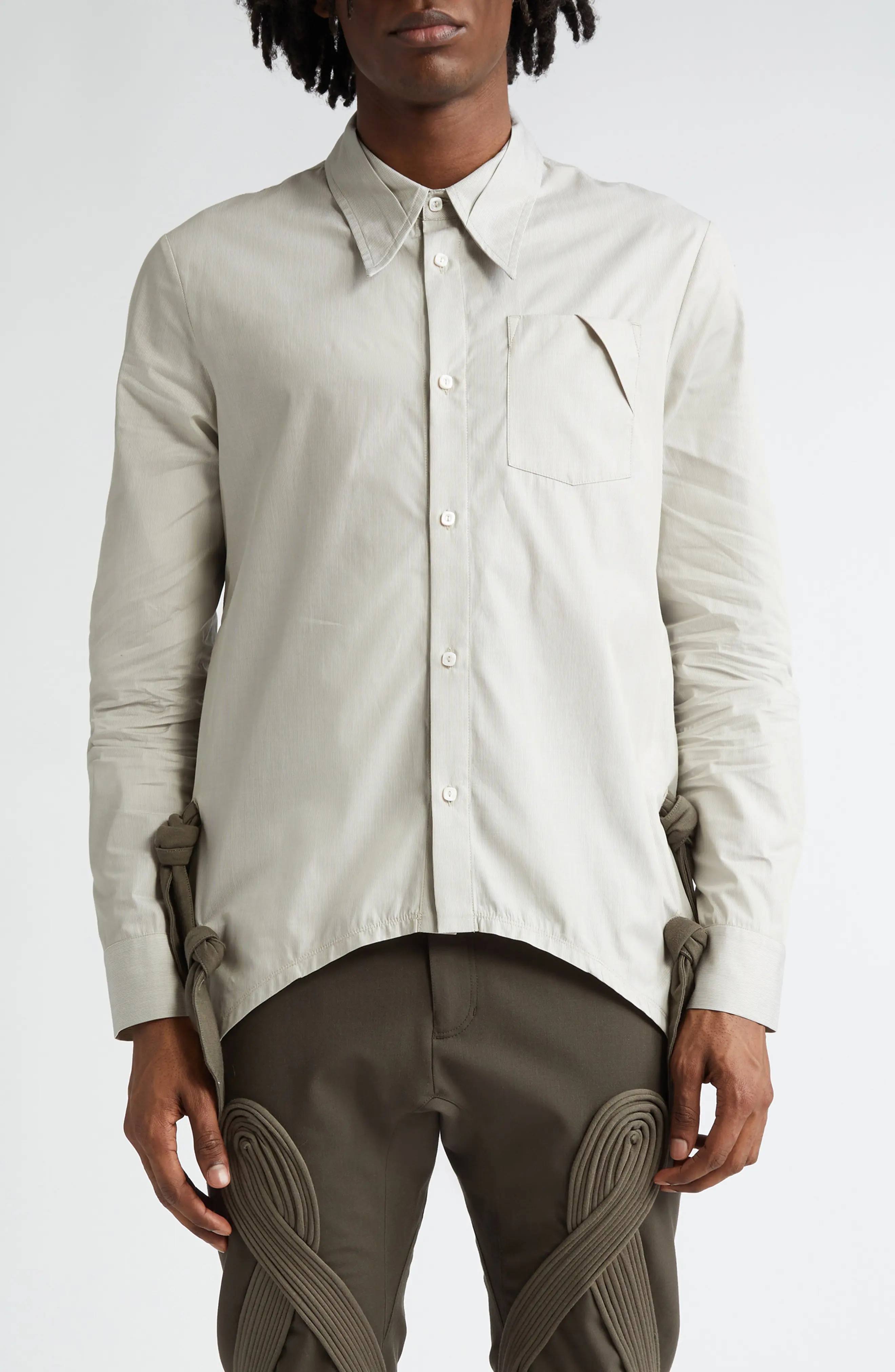 Rino Twisted Jersey Button-Up Shirt in Moss Green Stripe /Taupe - 1