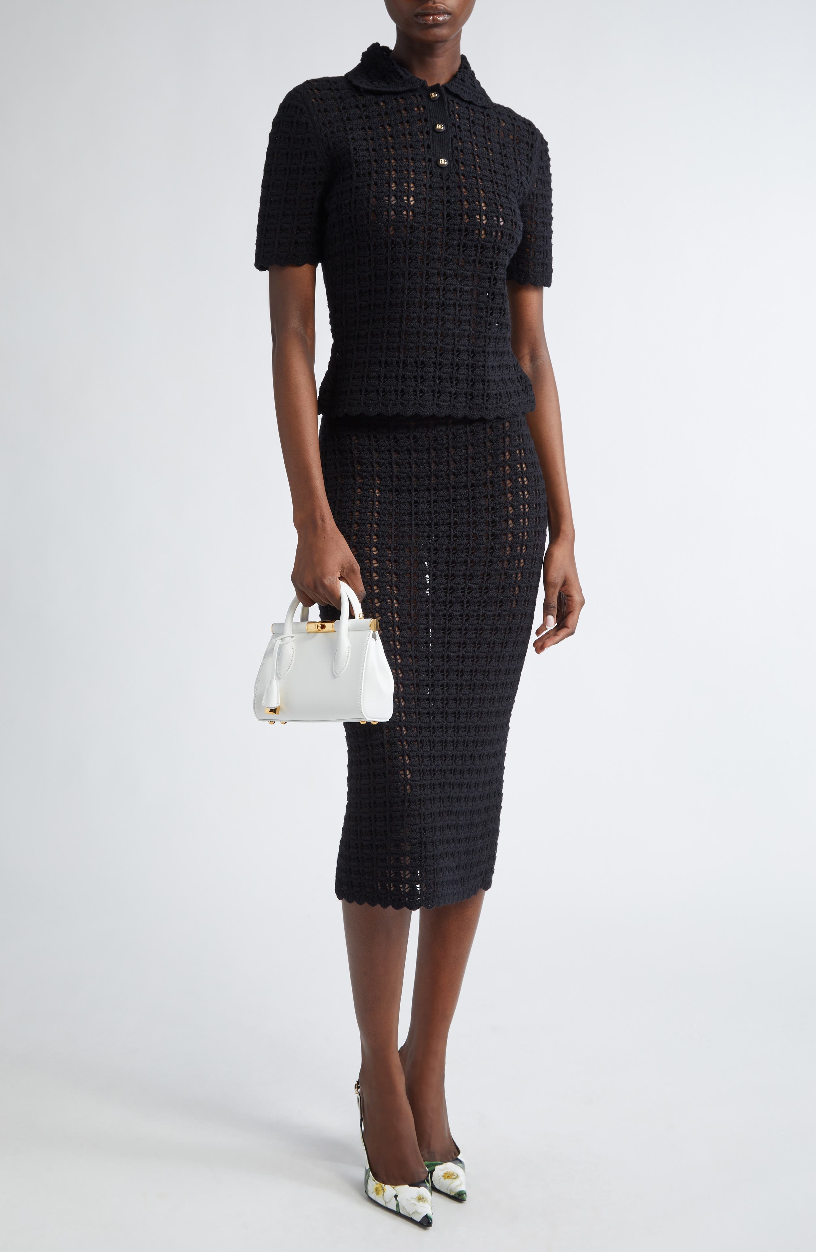 Dolce&Gabbana Lace Stitch Virgin Wool Polo Sweater in N0000 Nero at Nordstrom - 2