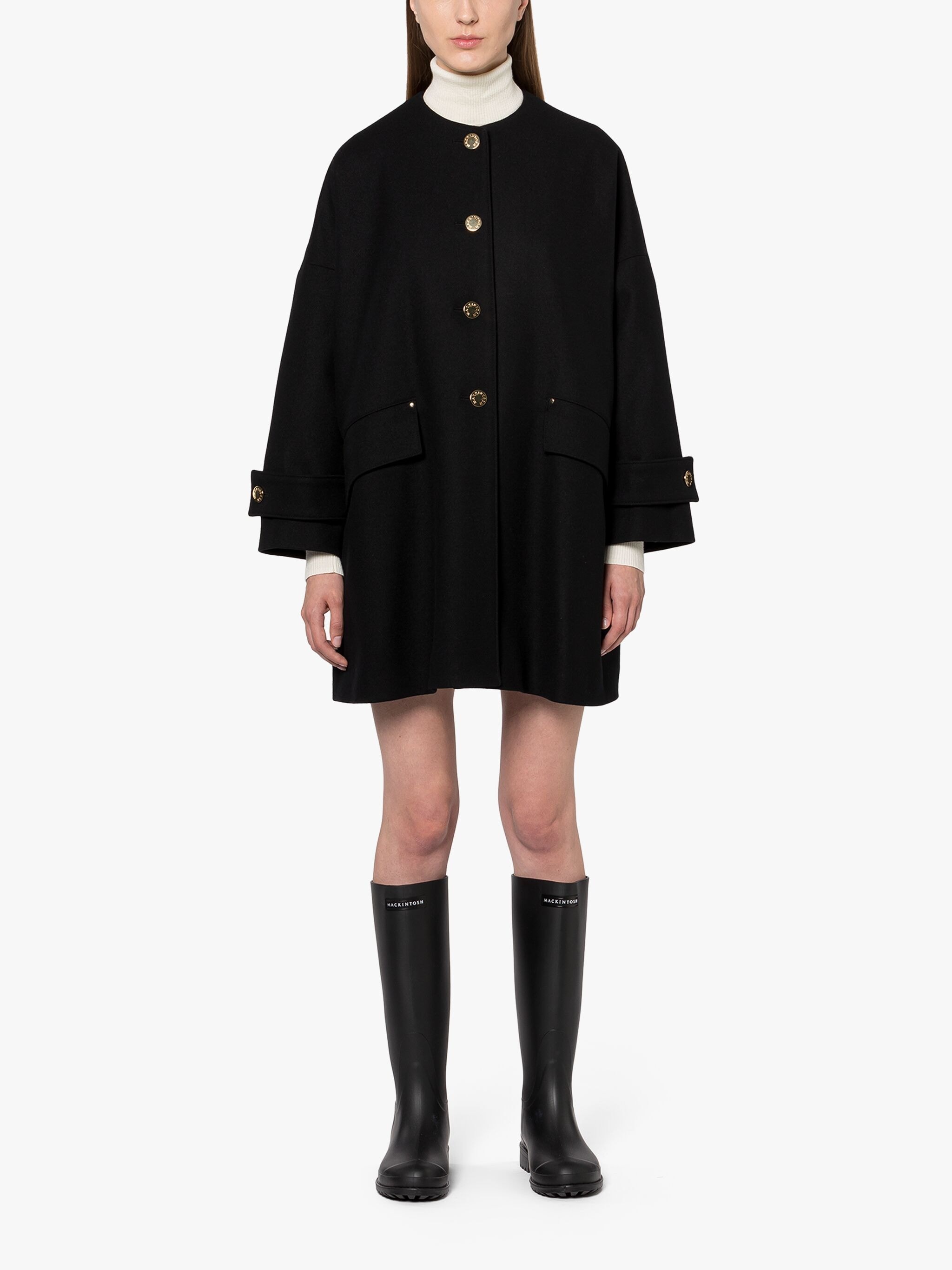 HUMBIE BLACK WOOL COLLARLESS COAT - 3