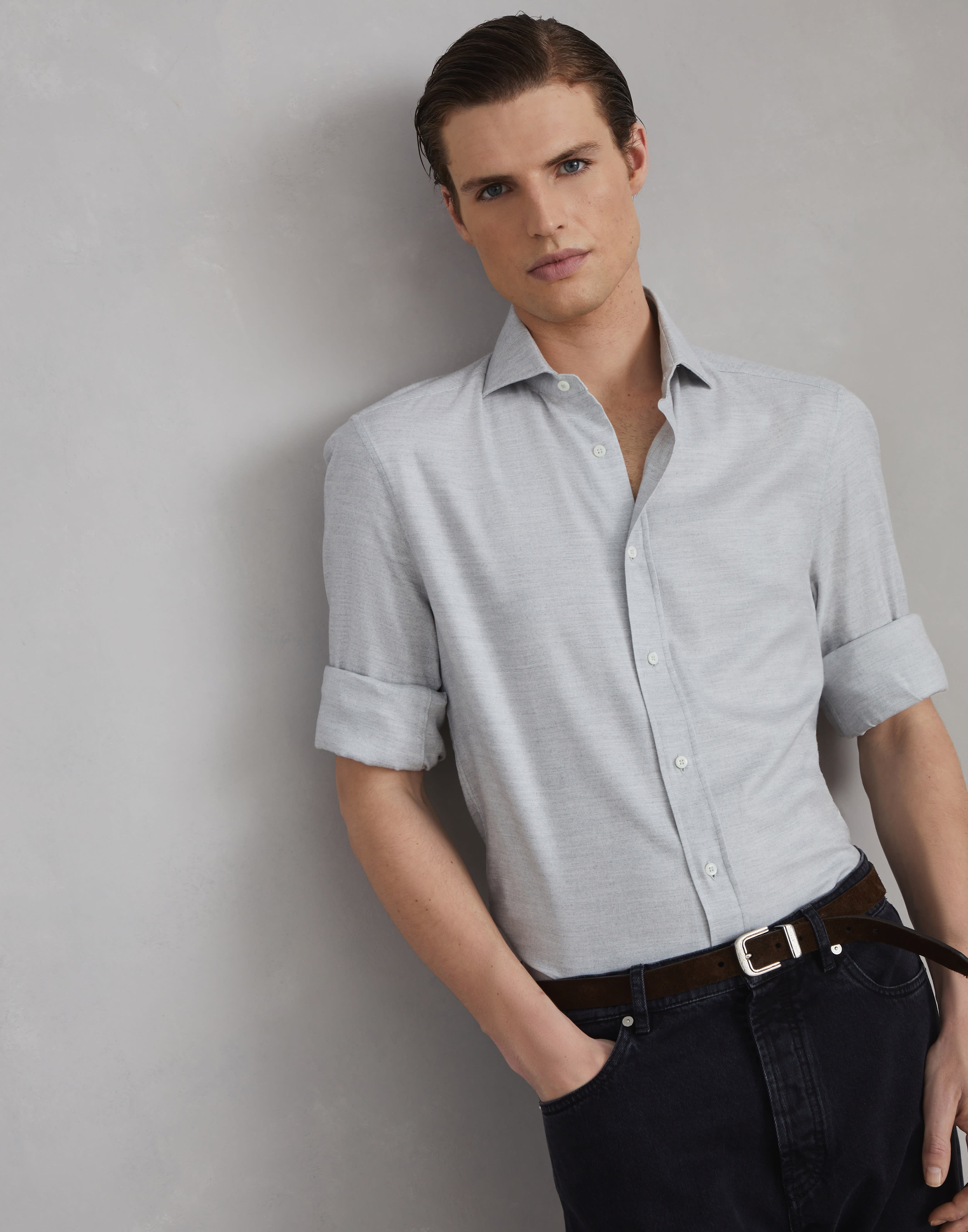 Stretch cotton chevron flannel slim fit shirt with spread collar - 4