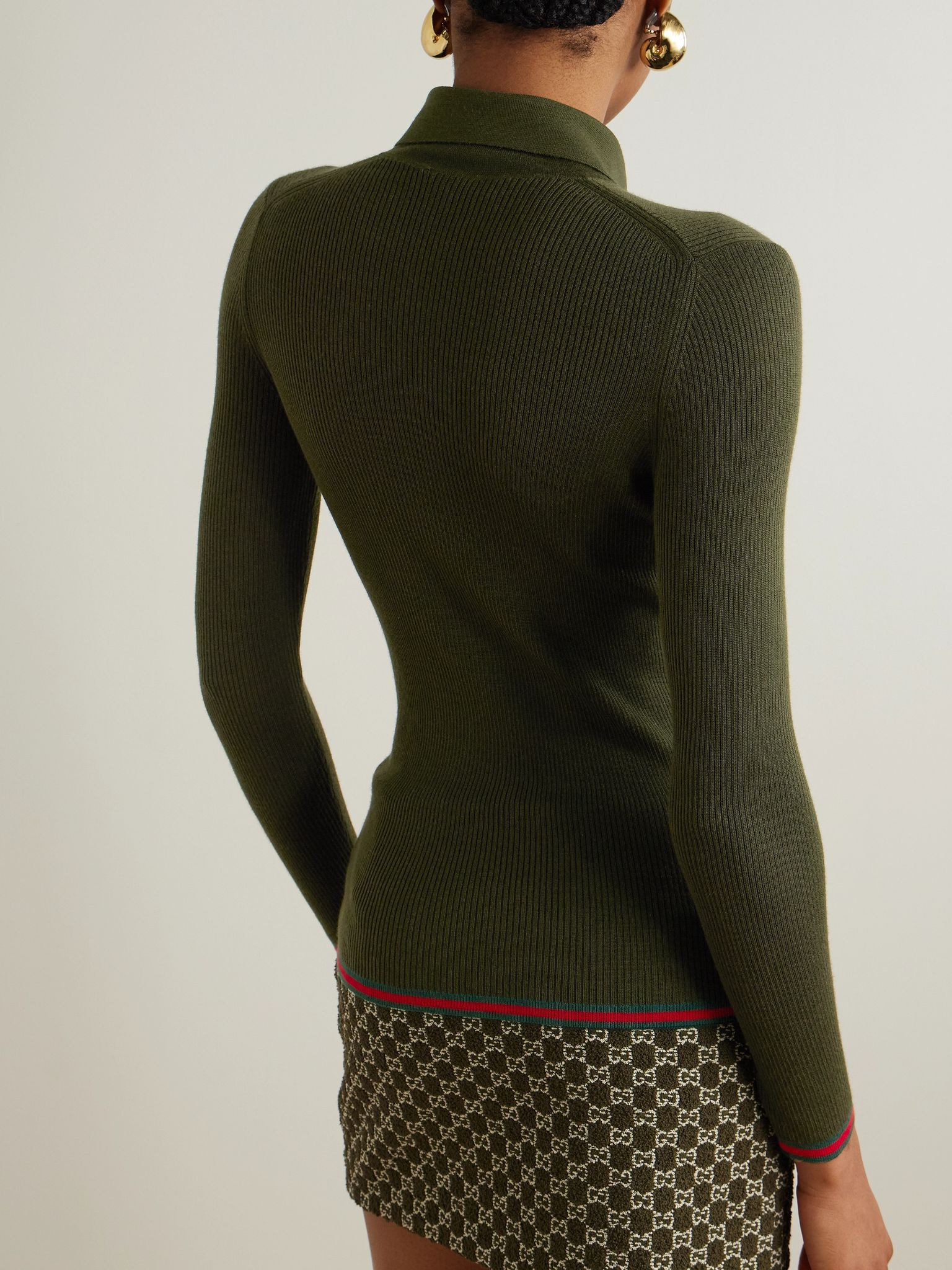 Striped ribbed cashmere and silk-blend polo shirt Army green - 4