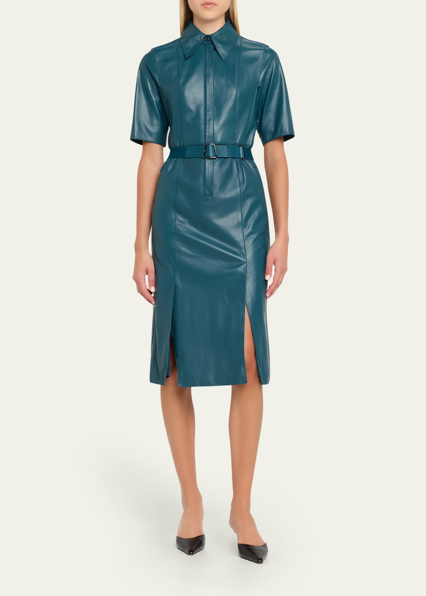 Short-Sleeve Nappa Leather Belted Shirtdress - 2