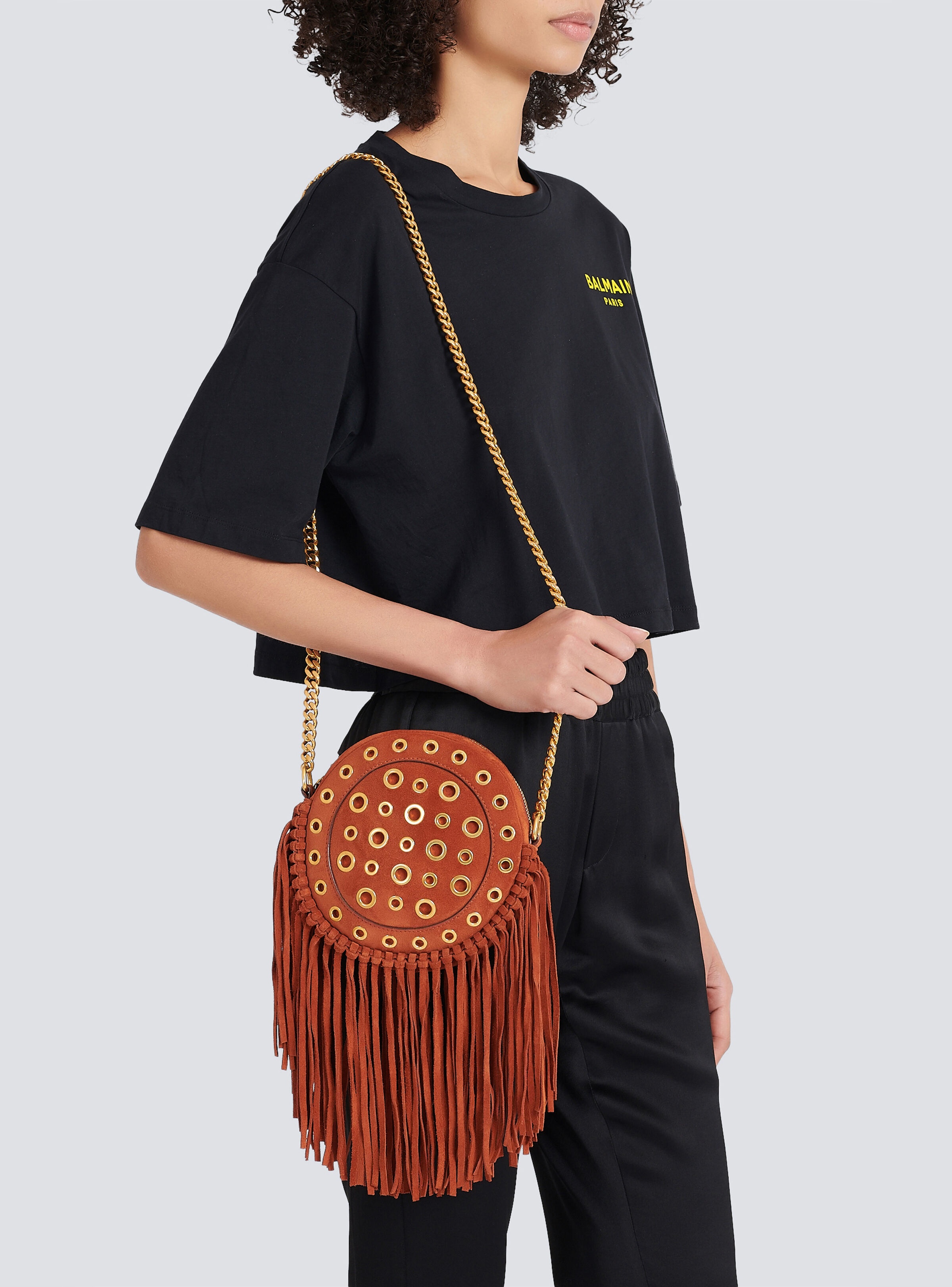 Balmain x Netflix -Fringed suede round Disco bag - 2