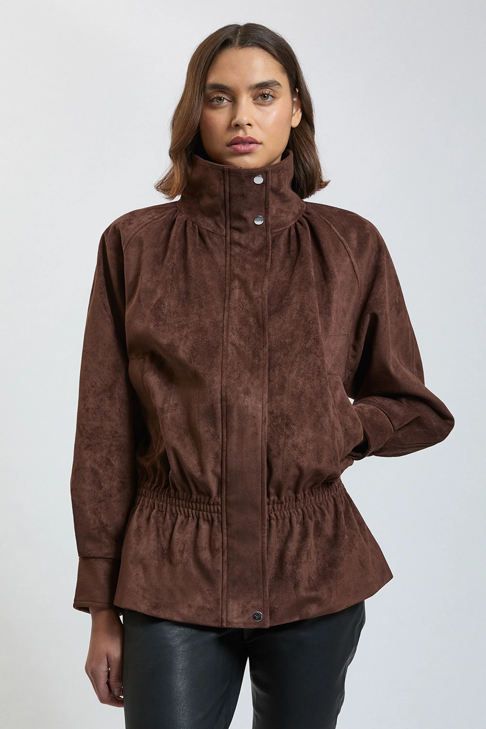 Faux Suede Funnel Neck Bomber - 1