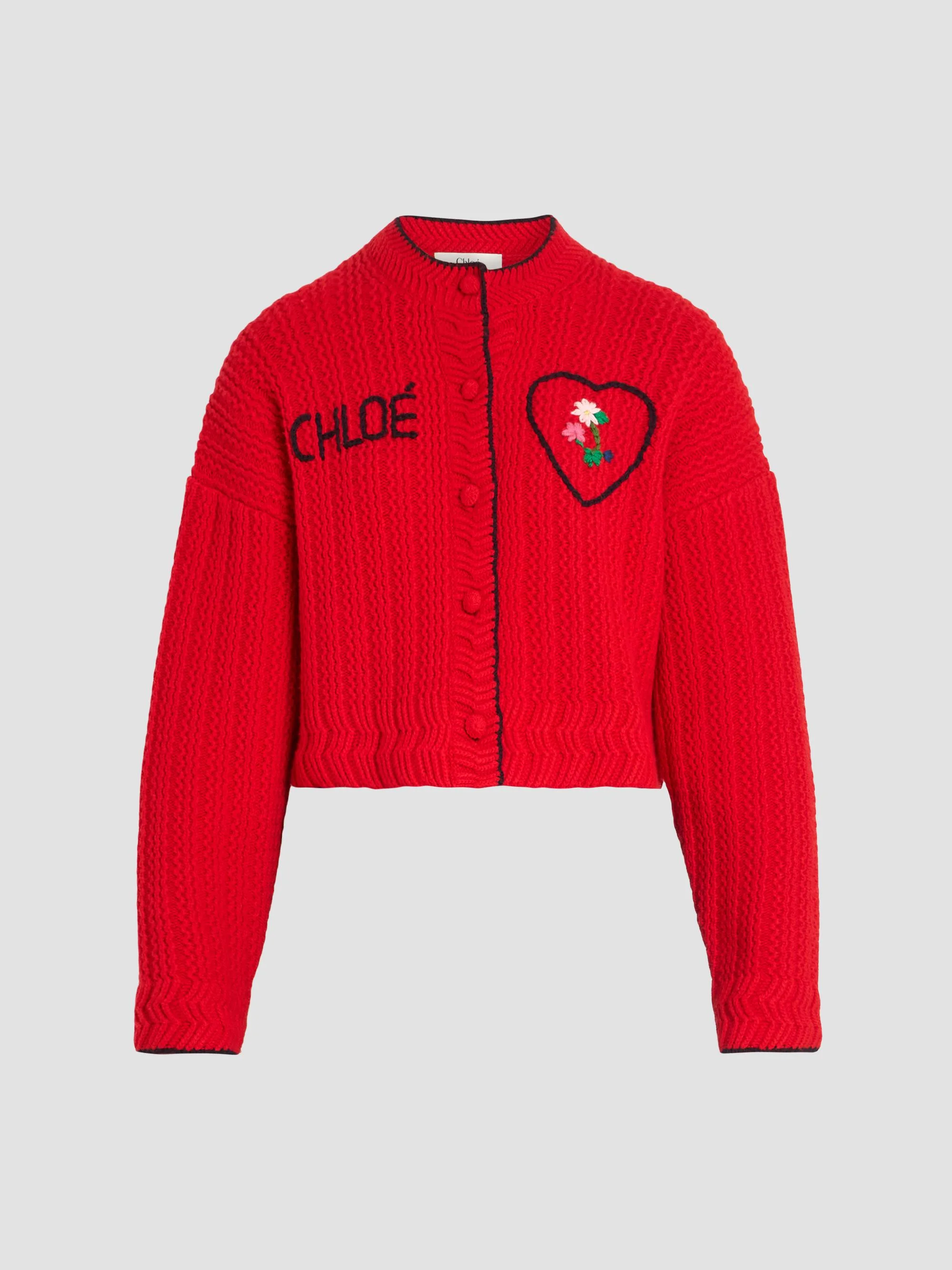 Women's Heart Logo Wool-Cashmere Cardigan - Tulip Red - 1