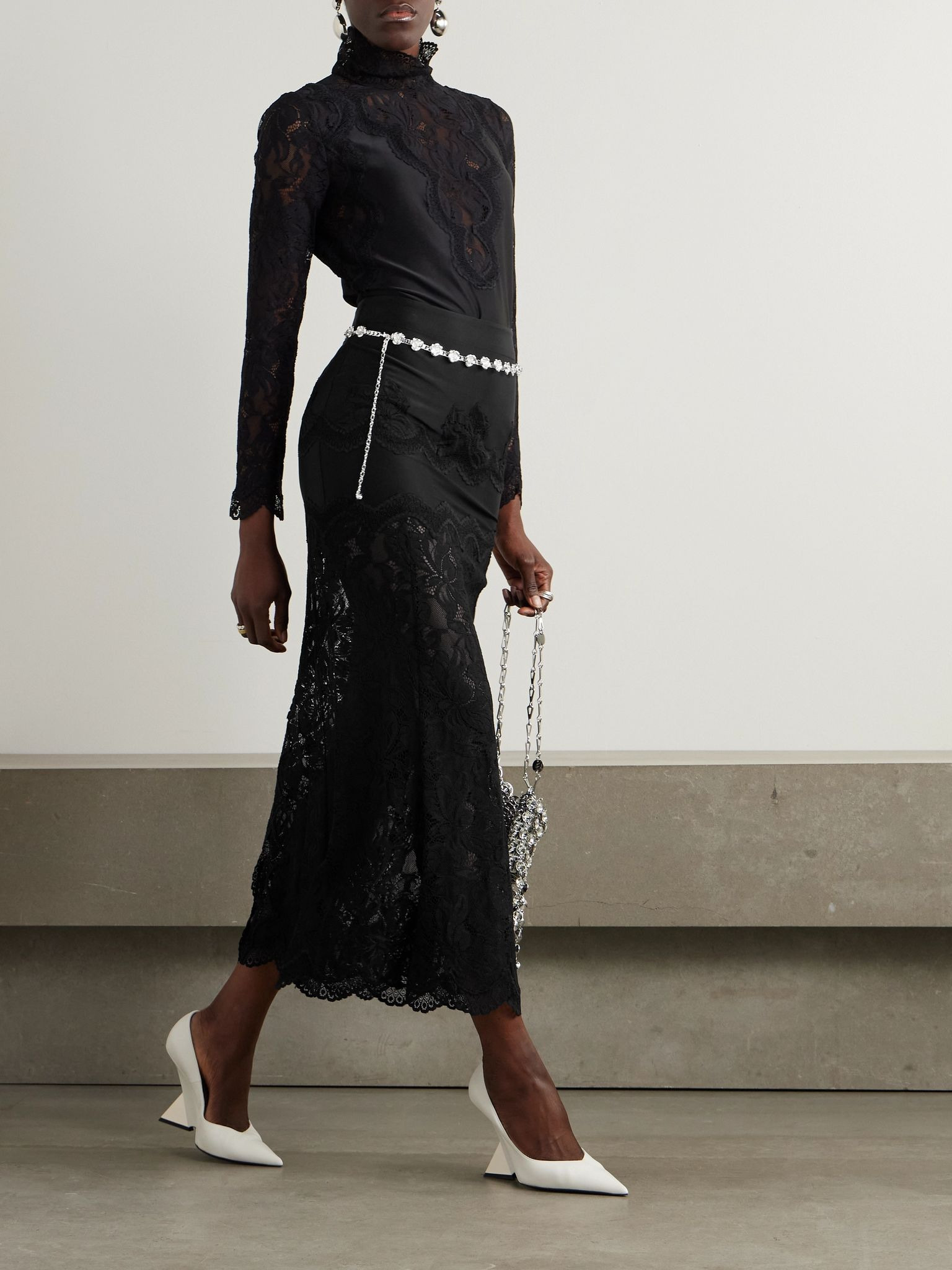 Scalloped satin and lace midi skirt Black - 2