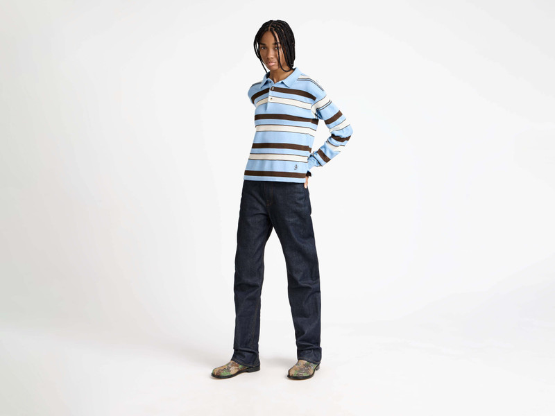 JW Anderson KNITTED STRIPED RUGBY POLO TOP IN MISTY BLUE outlook