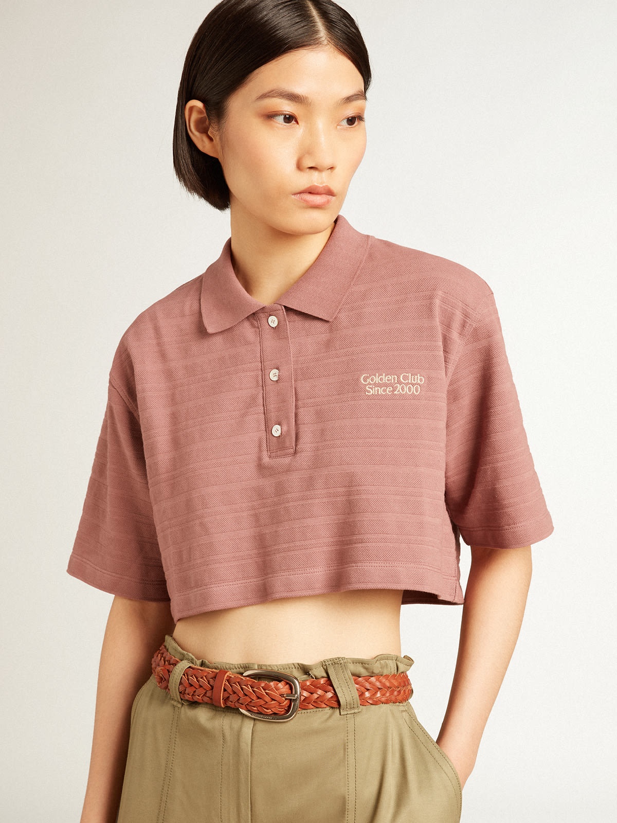 Taupe pink-colored cotton piquet cropped polo shirt - 2