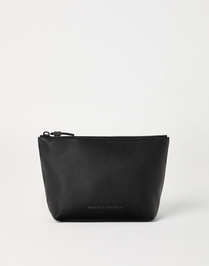 Grained leather pouch with shiny zipper pull - 1