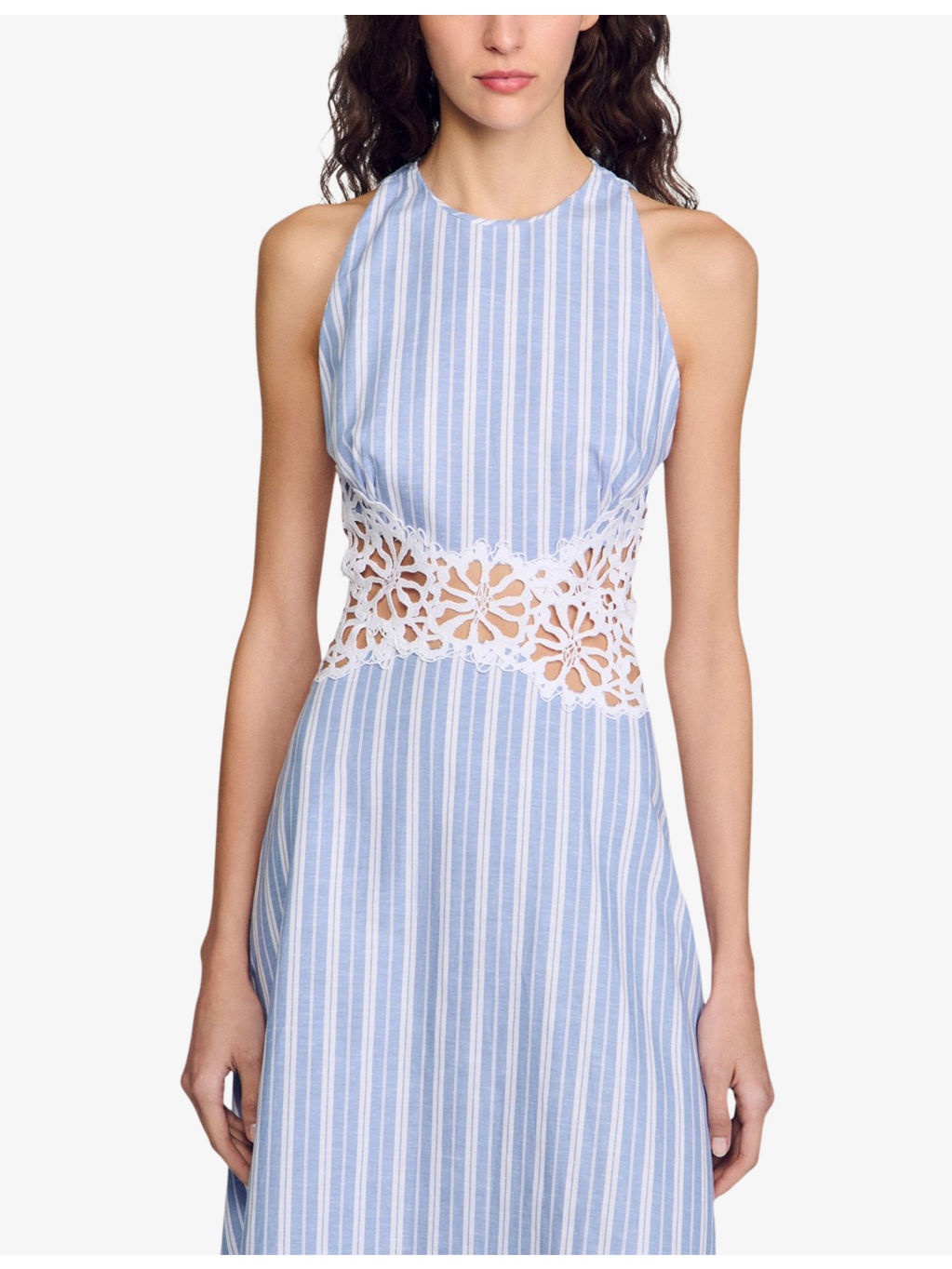 Stripe-Print Cut-Out Lace Cotton and Linen-Blend Midi Dress - 5