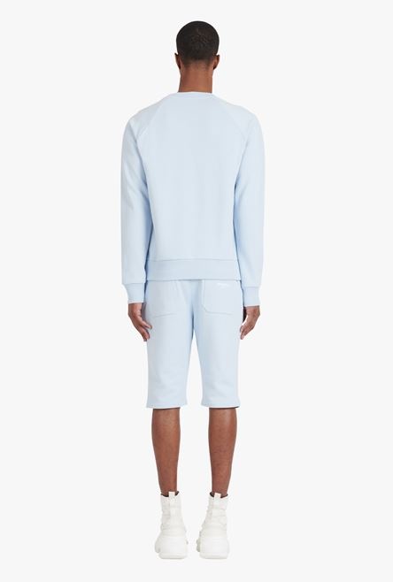 Pale blue eco-designed cotton sweatshirt with small flocked white Balmain Paris logo - 3