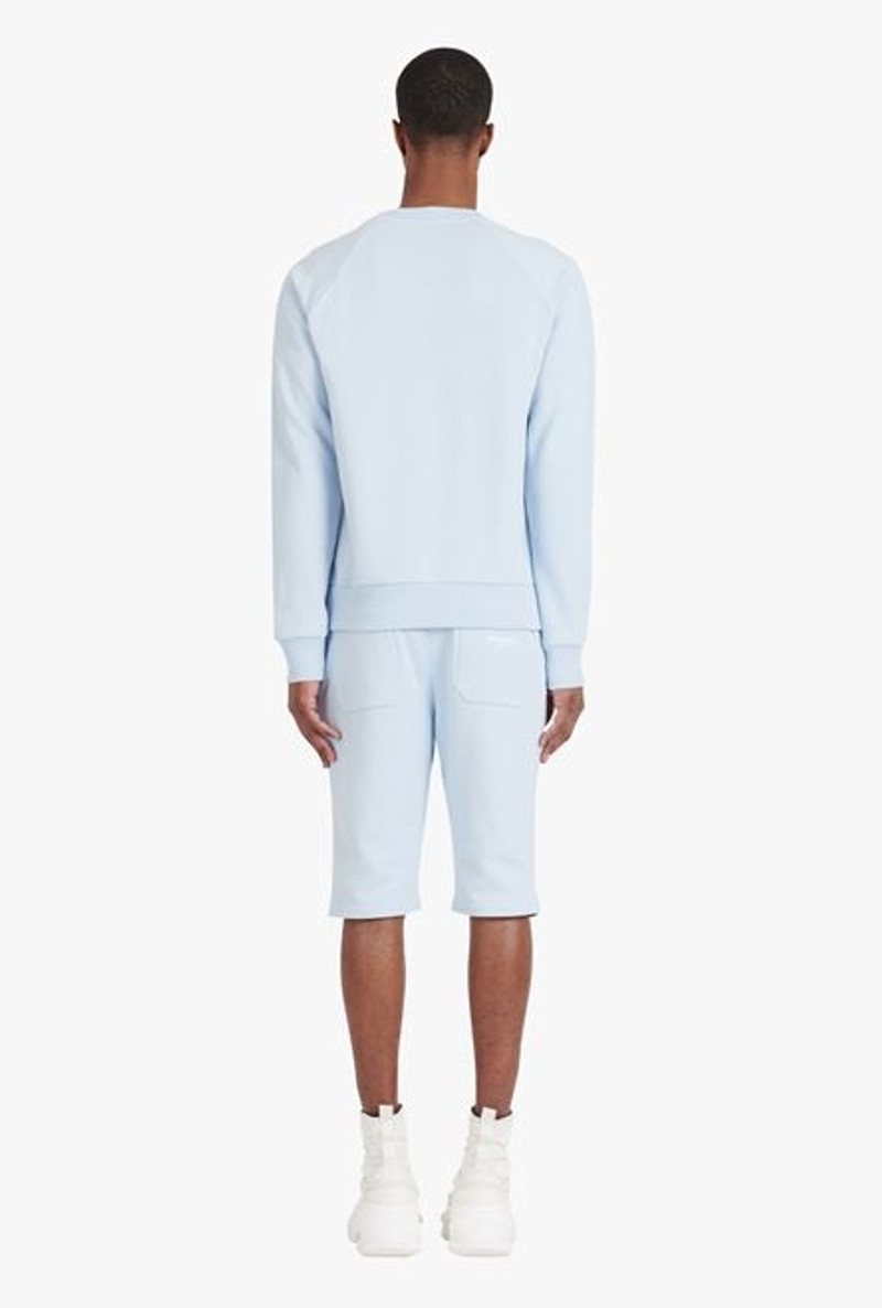 Pale blue eco-designed cotton sweatshirt with small flocked white Balmain Paris logo 3