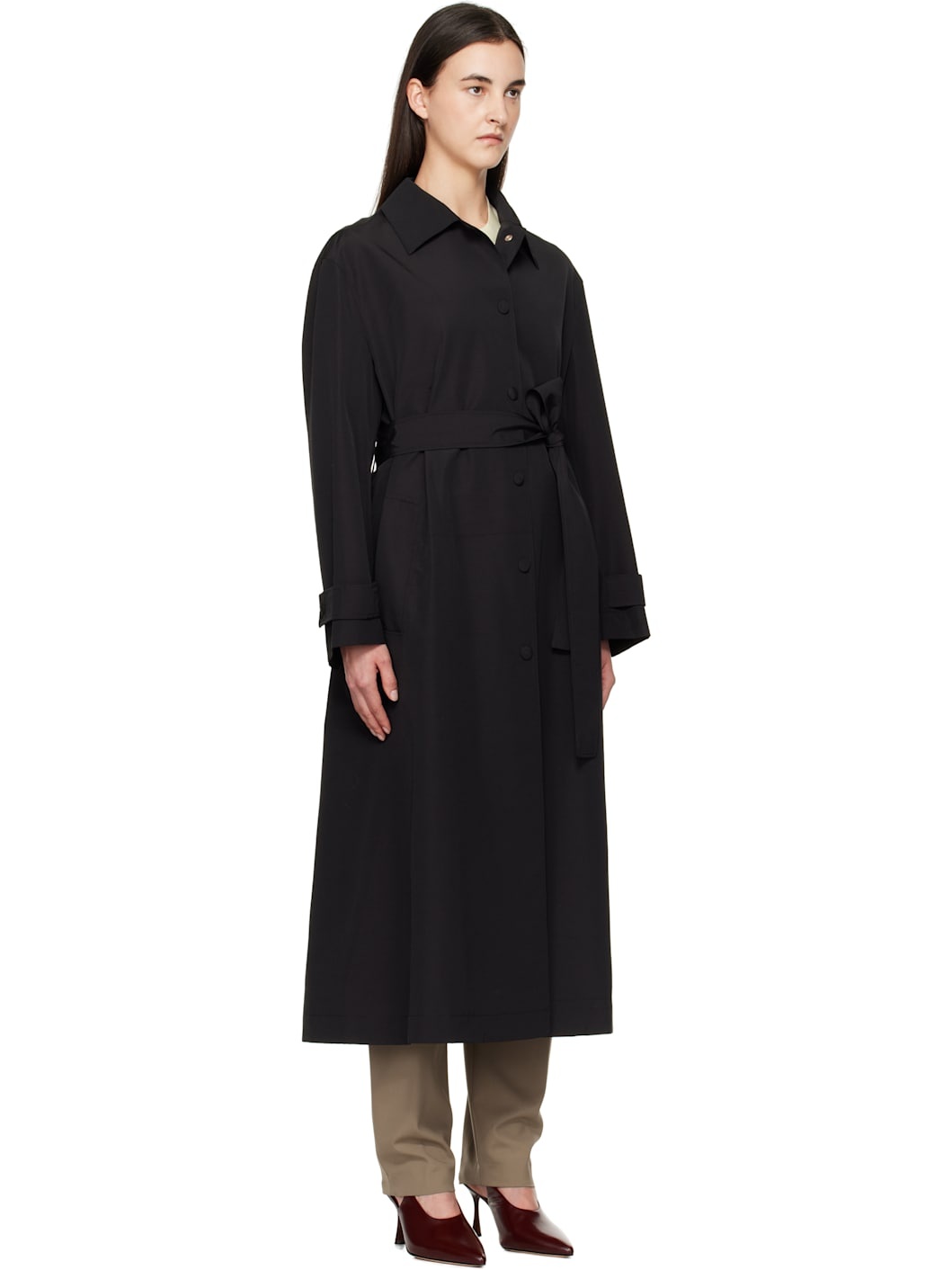 Black Wool-Nylon Belted Wrap Trench Coat - 2