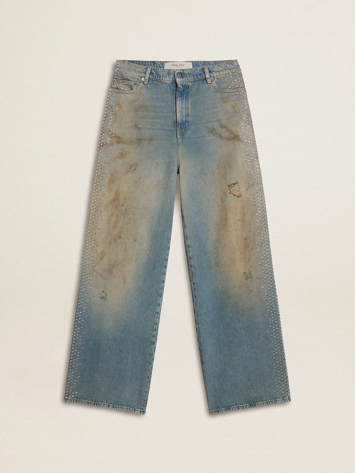Women's boyfriend jeans with a lived-in effect sand wash and studs - 1