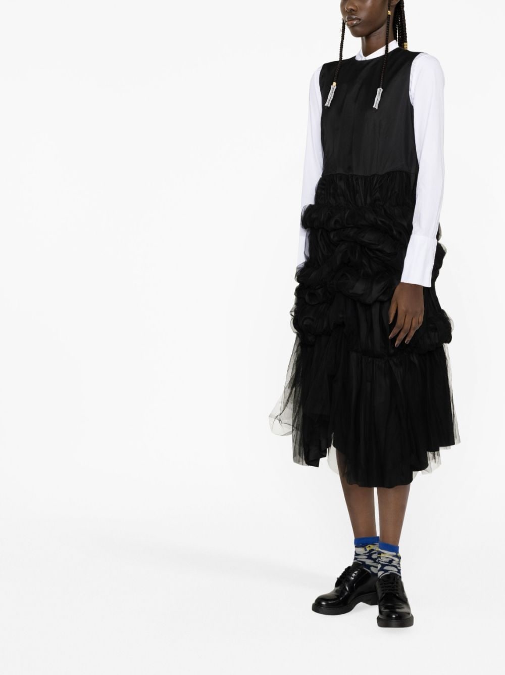gathered-tulle and satin midi dress - 2