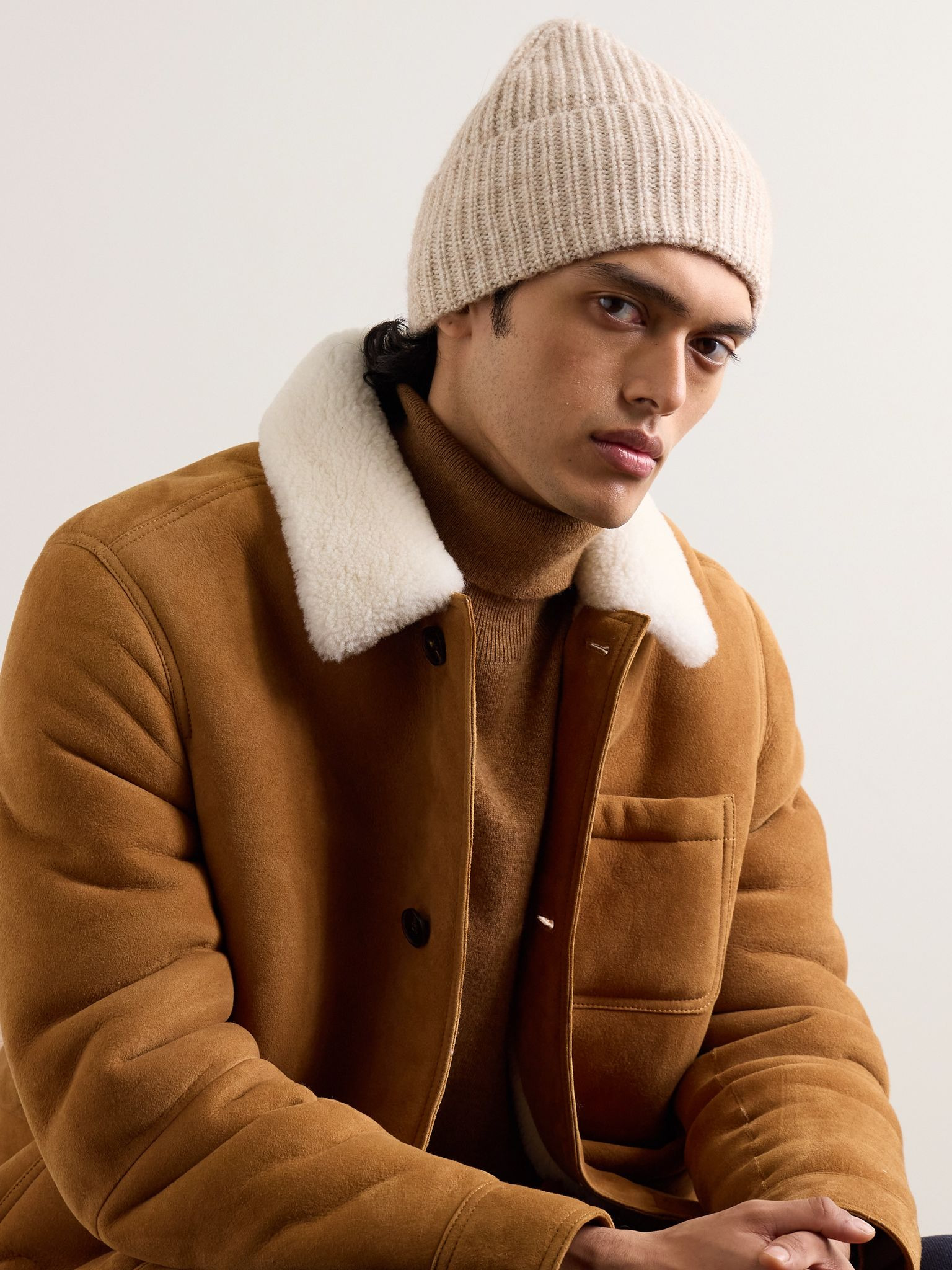 Brushed Ribbed-Knit Beanie Beige - 2