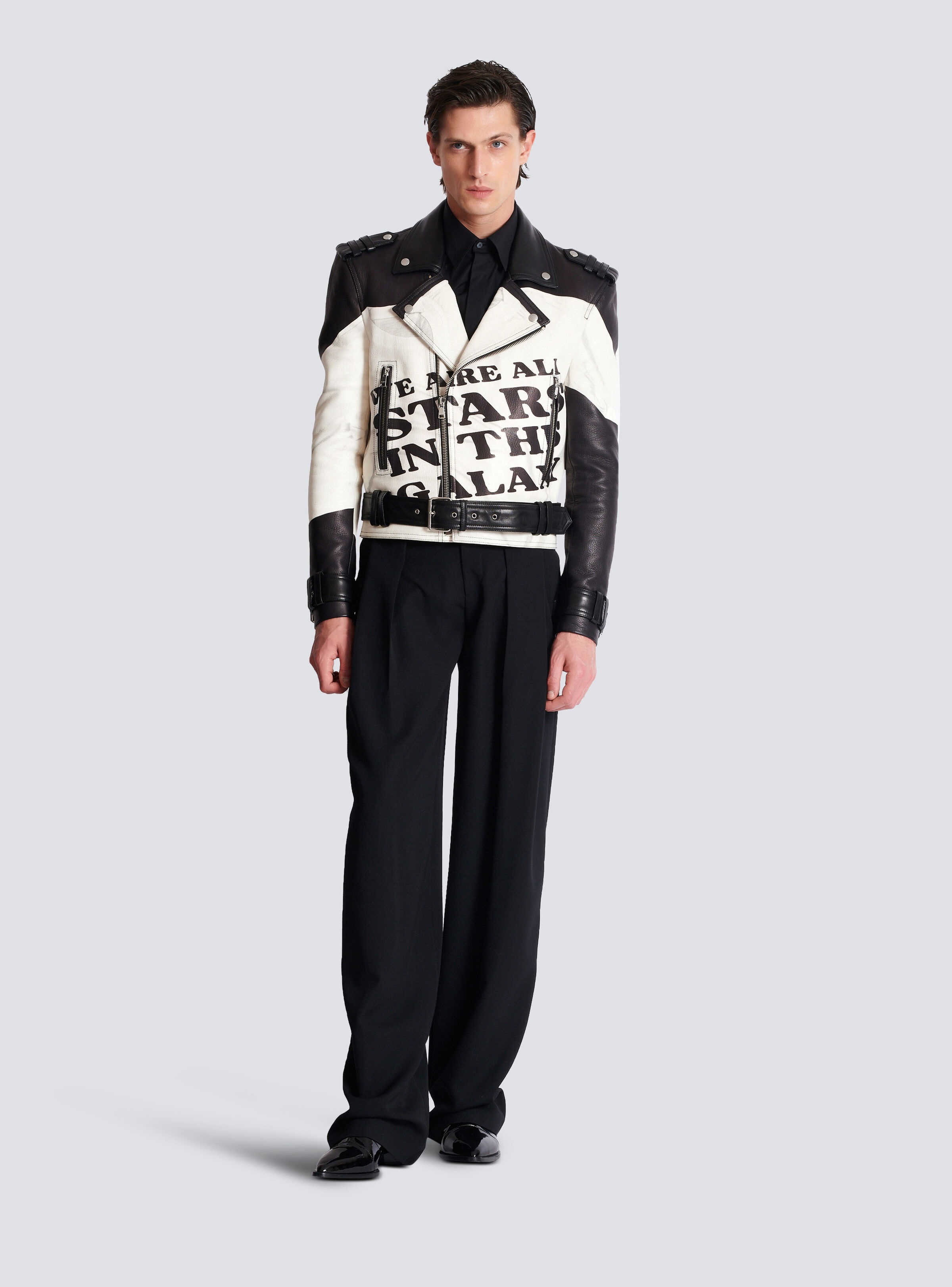 Leather biker jacket with trompe-l'œil T-shirt print - 2
