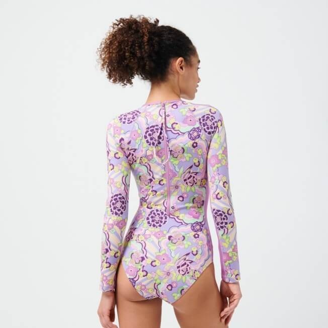 Women Rashguard Long Sleeves One-piece Swimsuit Rainbow Flowers - 4