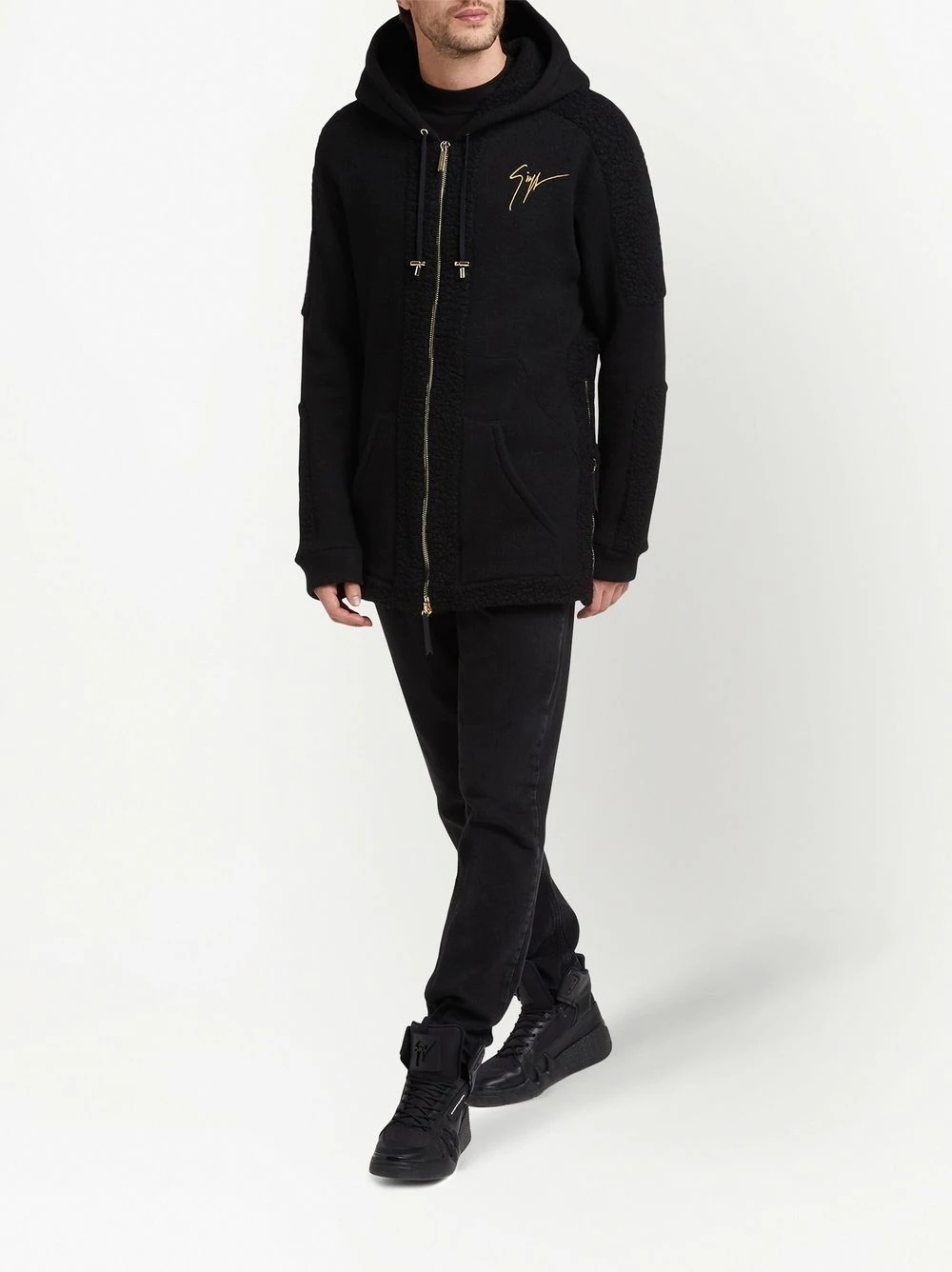 zip-front shearling-trim hoodie - 2