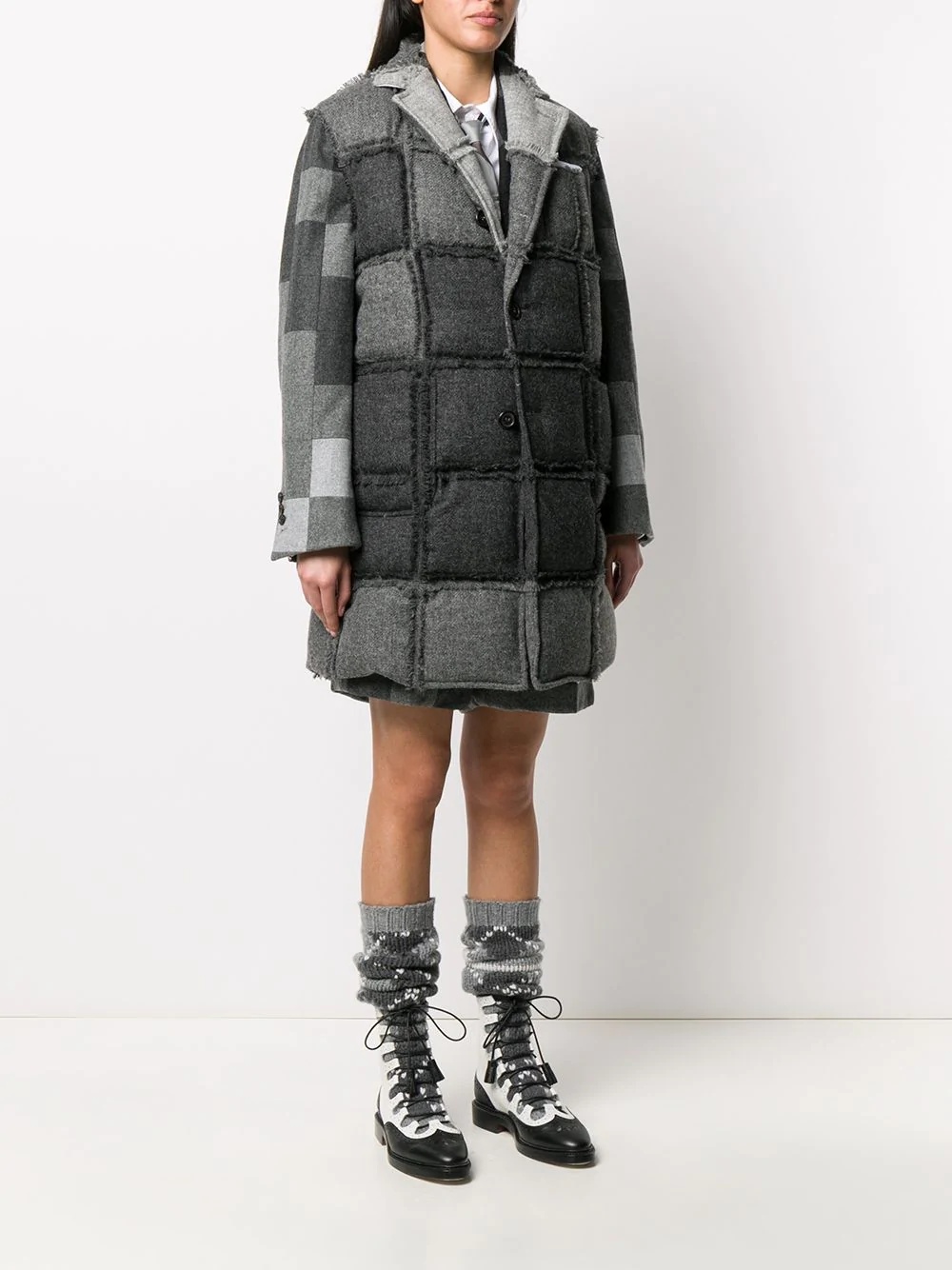 padded patchwork check coat - 3