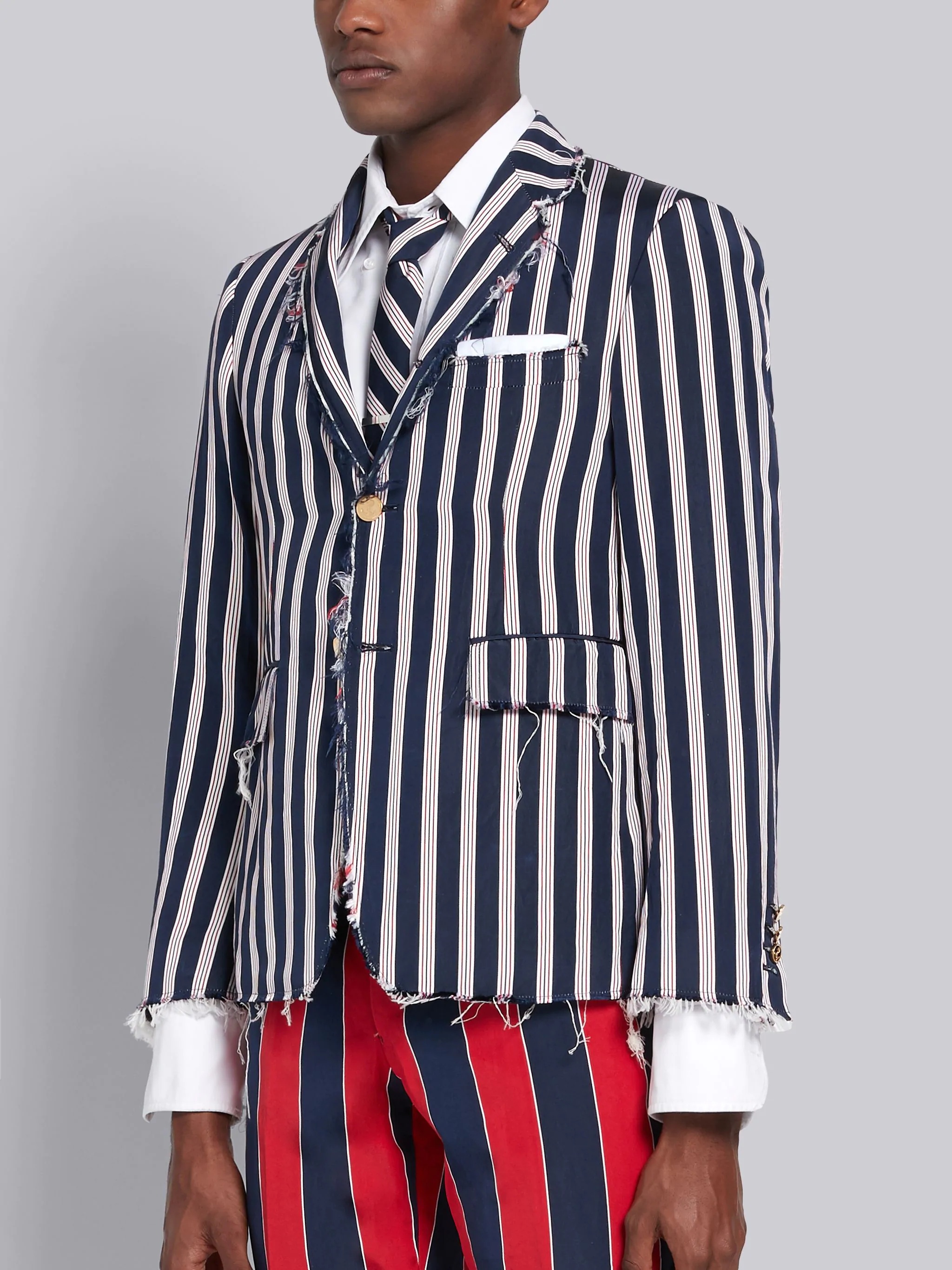 Navy Frayed Tri Color Silk Cotton Frayed Stripe Classic Sport Coat - 3