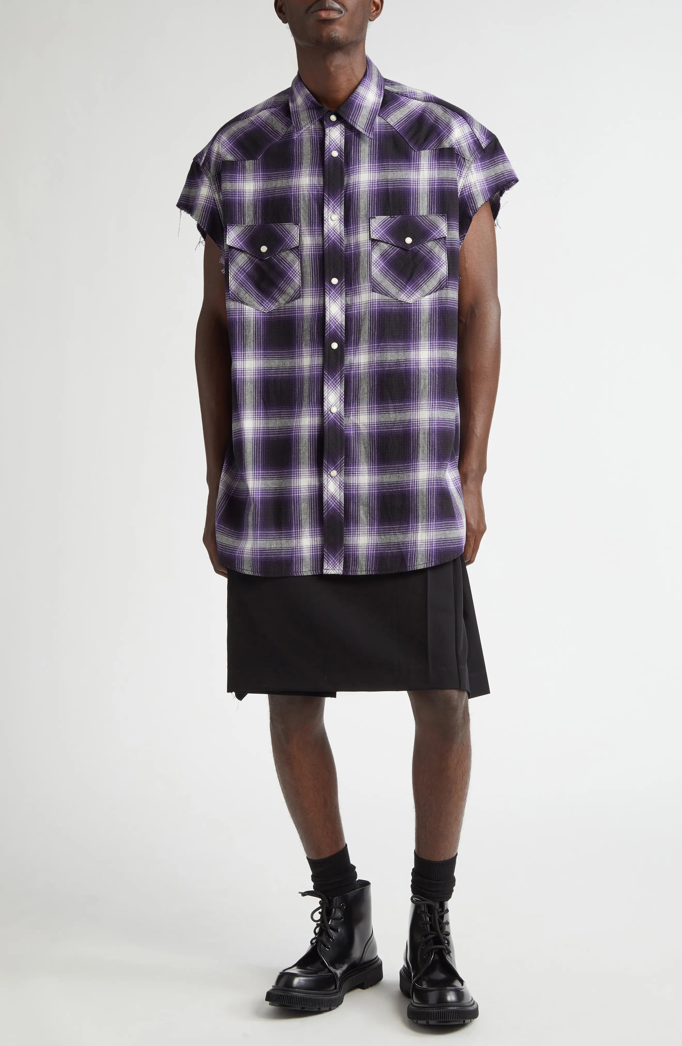 x Rafu Plaid Cutoff Sleeve Snap-Up Western Shirt - 2