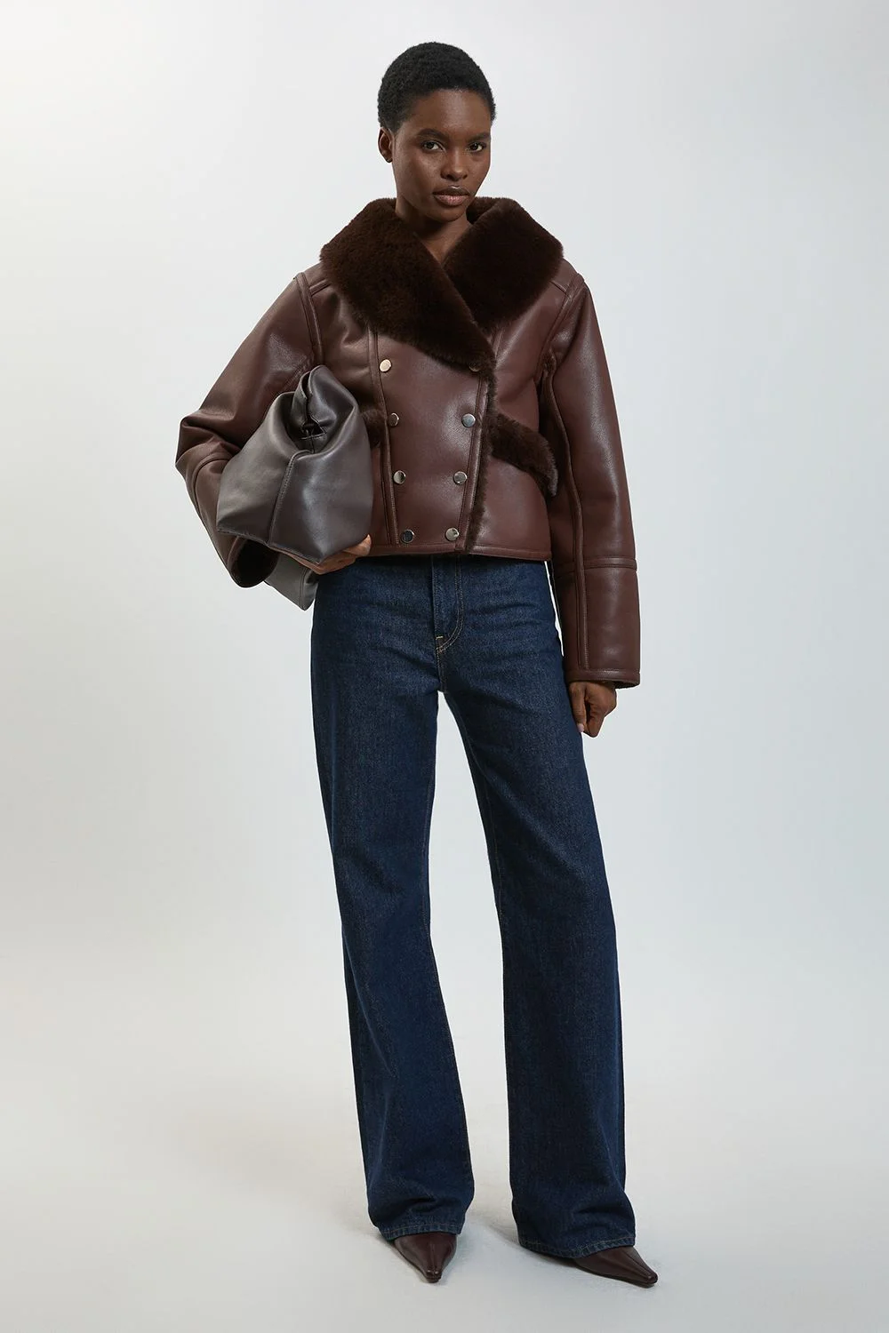 Faux Leather And Faux Fur Short Coat - 1