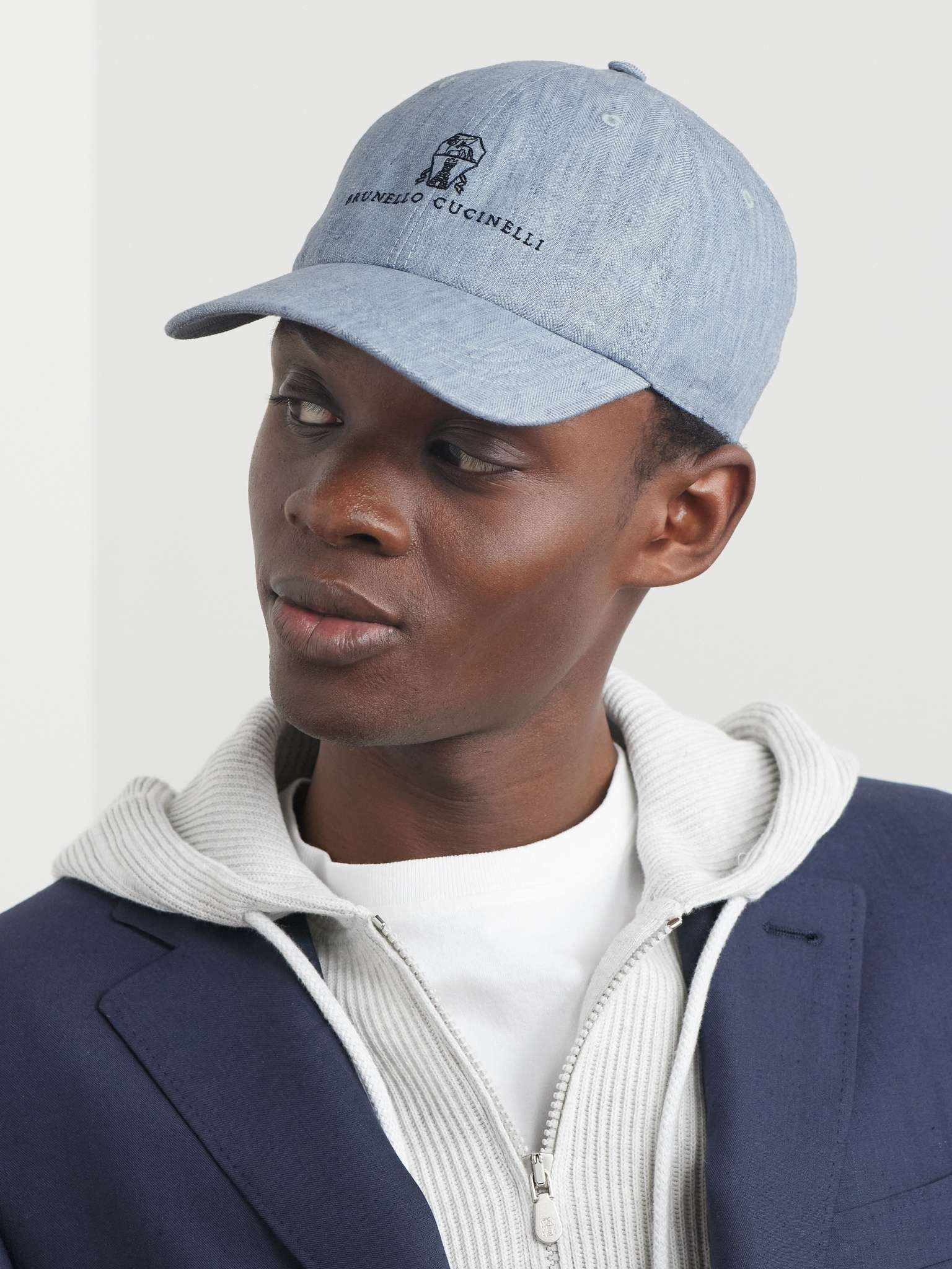 Logo-Embroidered Leather-Trimmed Herringbone Linen Baseball Cap - 2