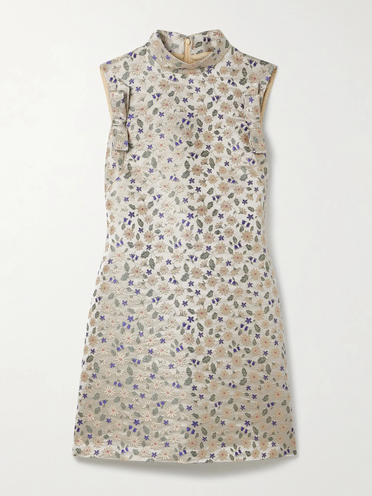 Bow-embellished Floral-brocade Mini Dress - 1