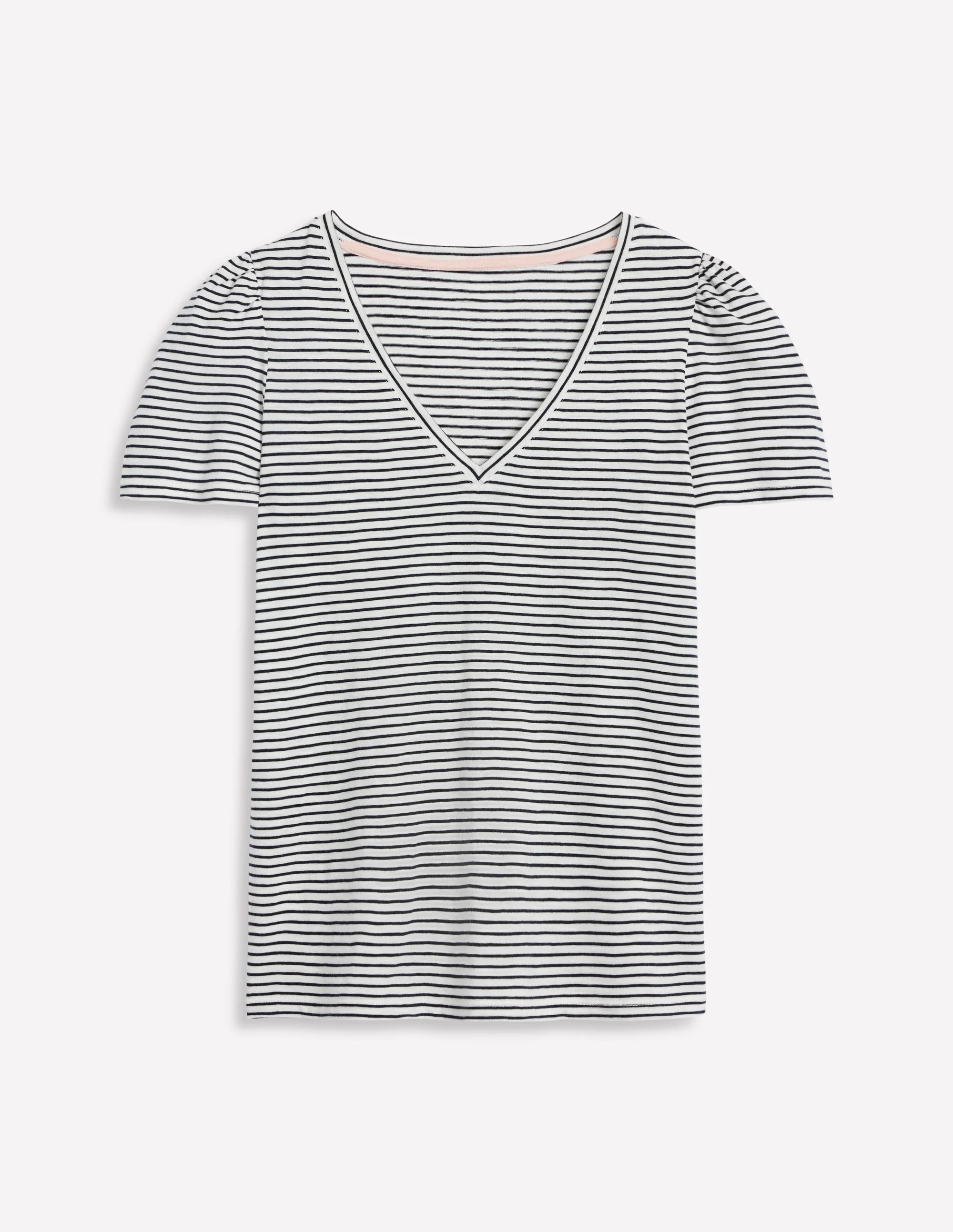 Sophie V-Neck Slub T-shirt-Ivory, Navy Stripe - 1
