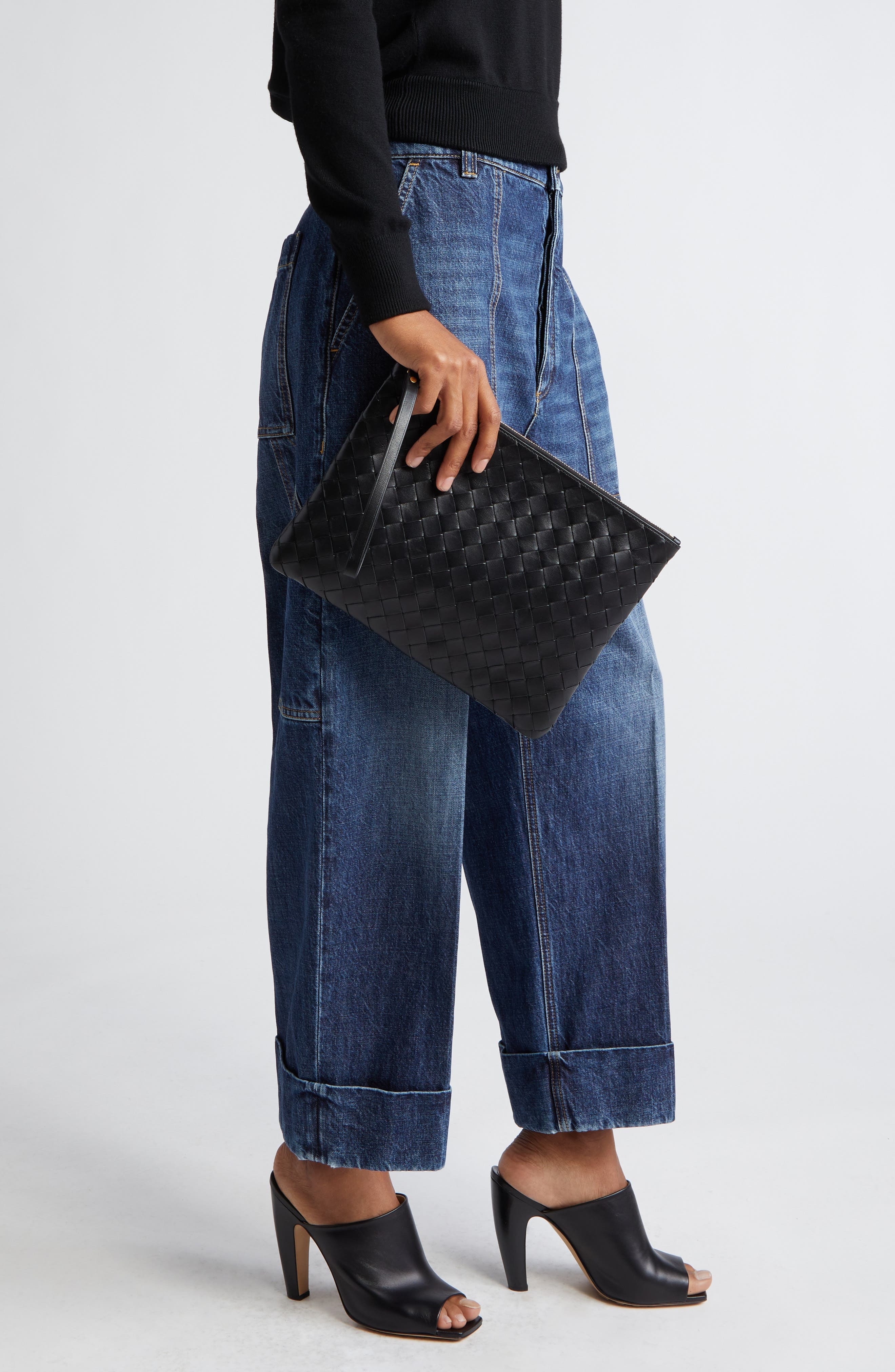 Bottega Veneta Intrecciato Leather Pouch in Black-Gold at Nordstrom - 2