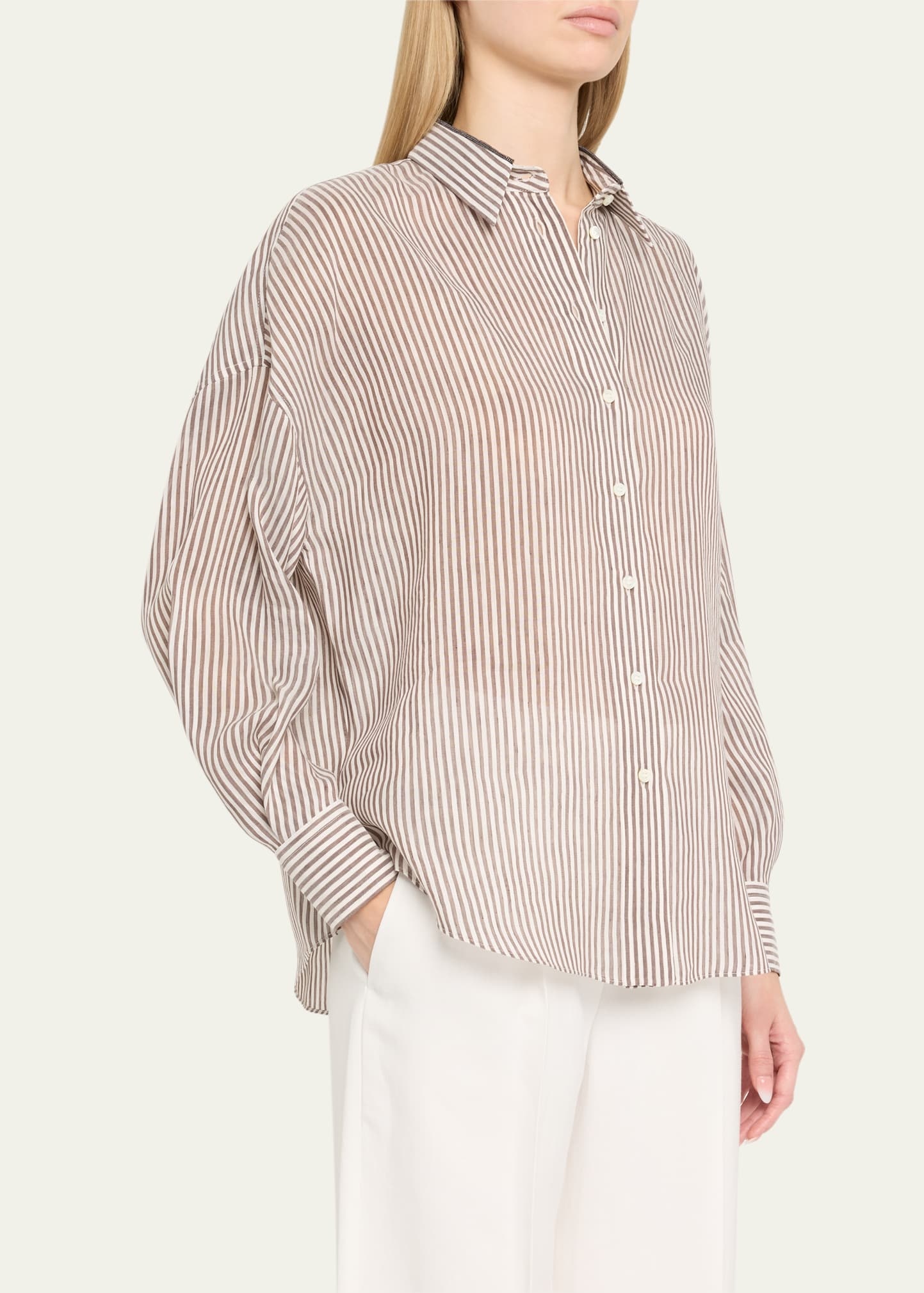 Stripe Button Down Linen Shirt with Piping Collar - 4