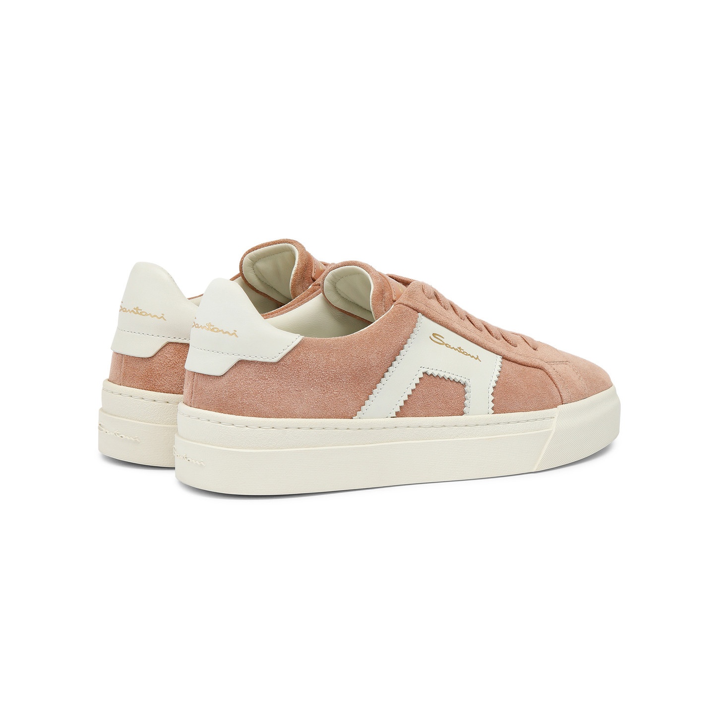 Women’s pink and white suede and leather double buckle sneaker - 4