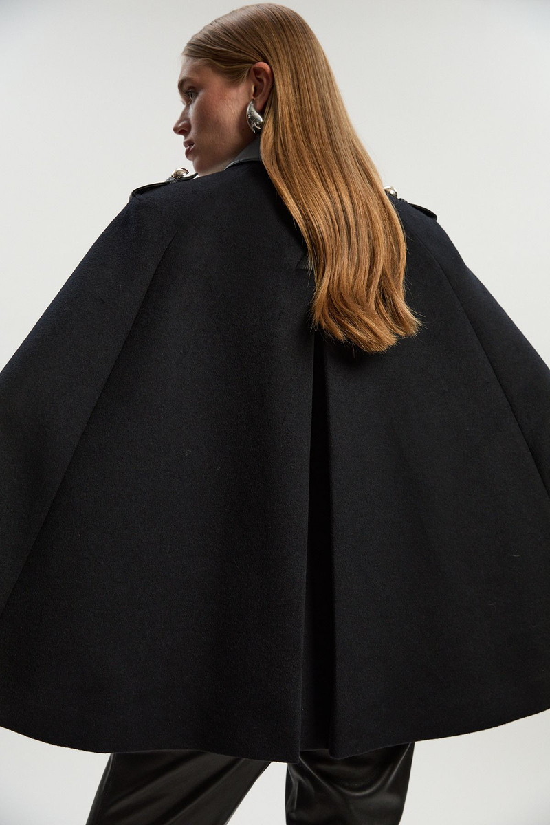 Brushed Wool PU Mix Tailored Cape Short Coat 5
