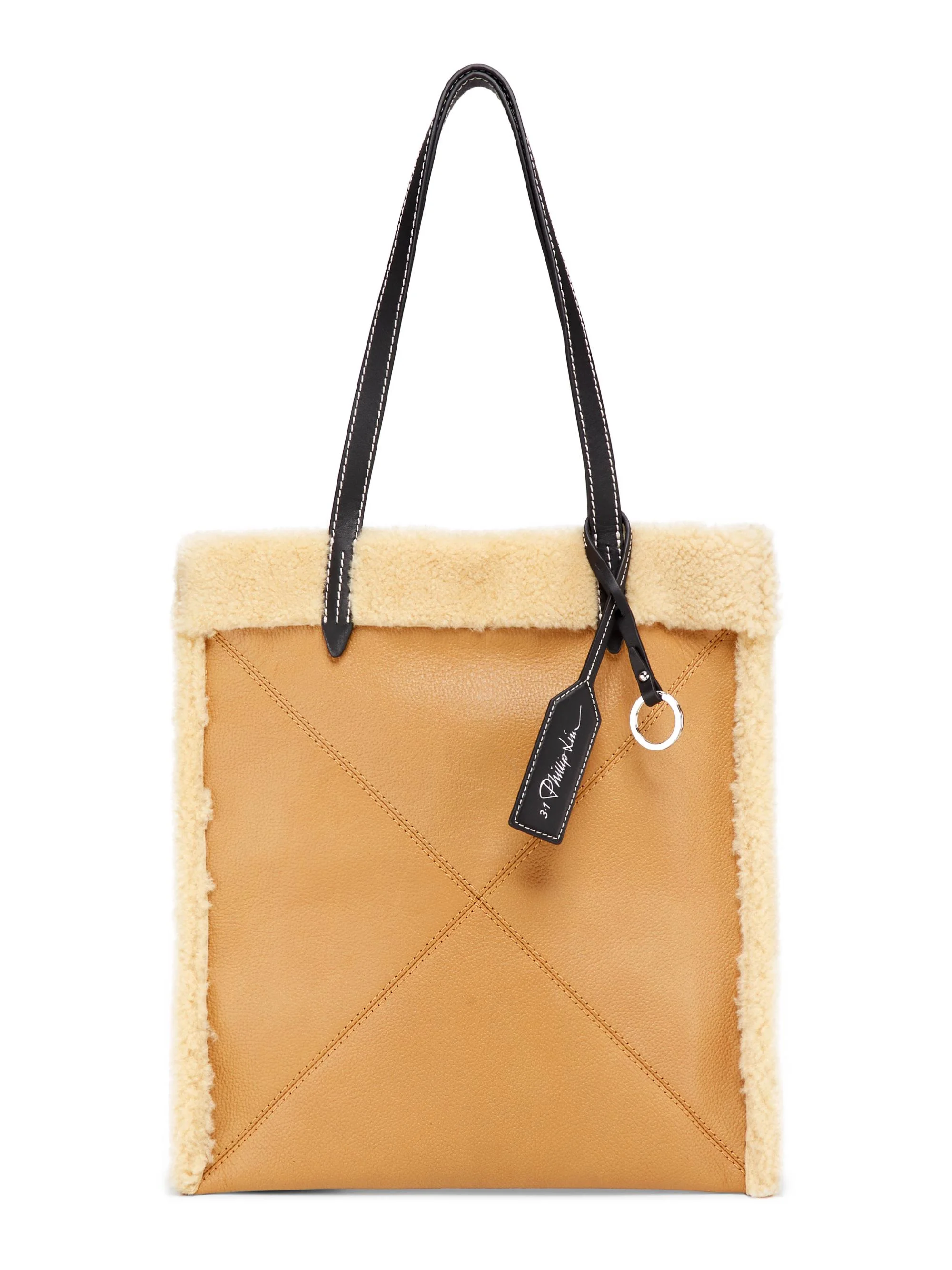Women's Slim Shearling-Trimmed Leather Tote Bag - Ivory Camel - 1