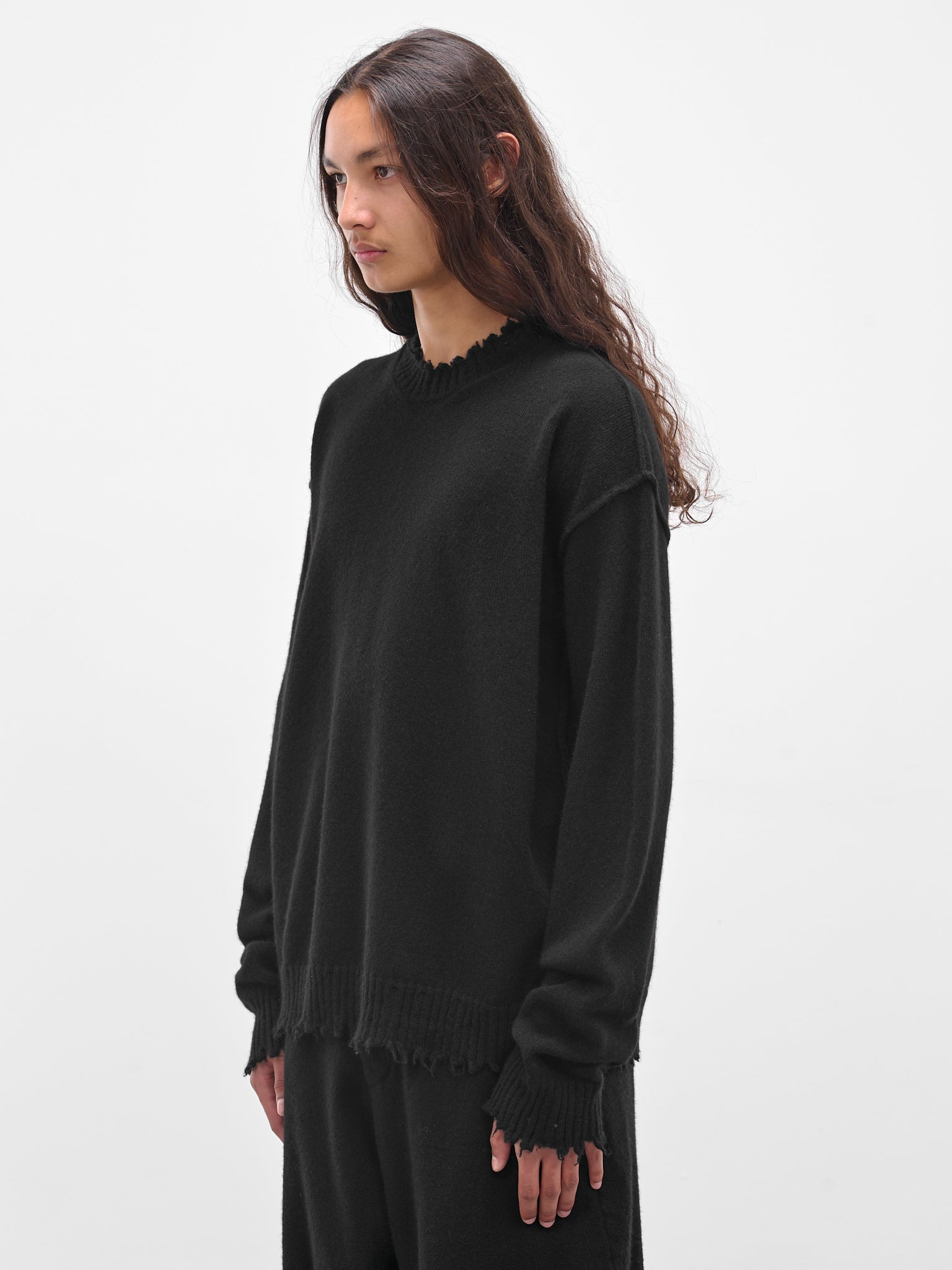 Black Cashmere Distressed Crewneck Sweater - 2