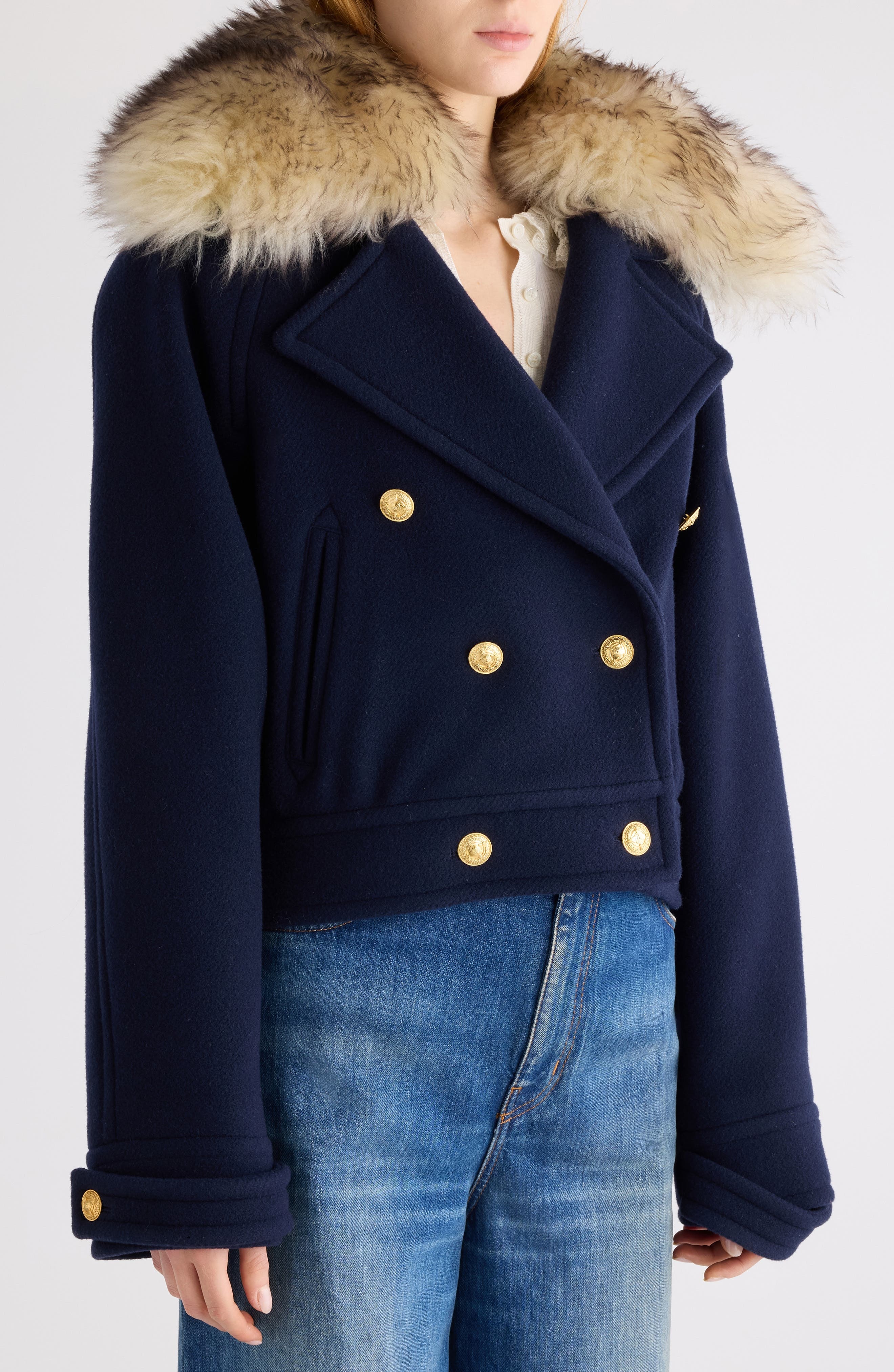 Chloé Crop Double Breasted Coat with Genuine Shearling Collar in Evening Blue at Nordstrom - 4