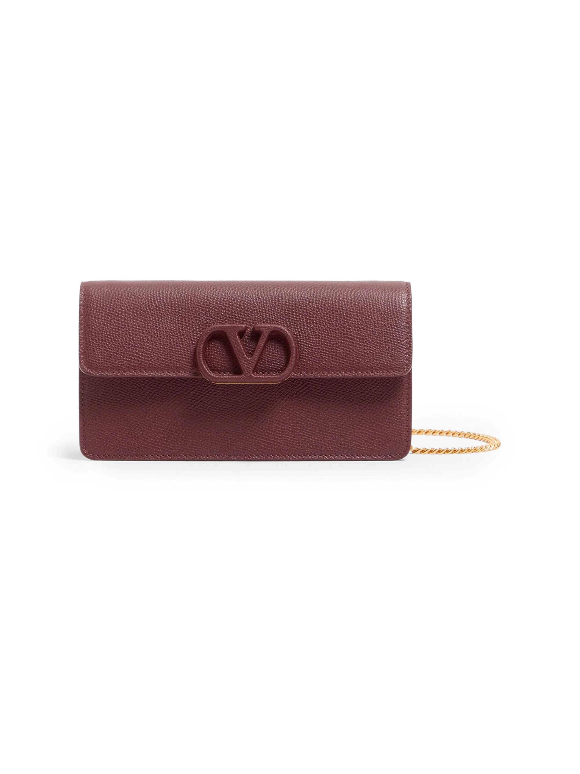 Women's VLogo Signature Grainy Calfskin Wallet with Chain - Maroon - 1