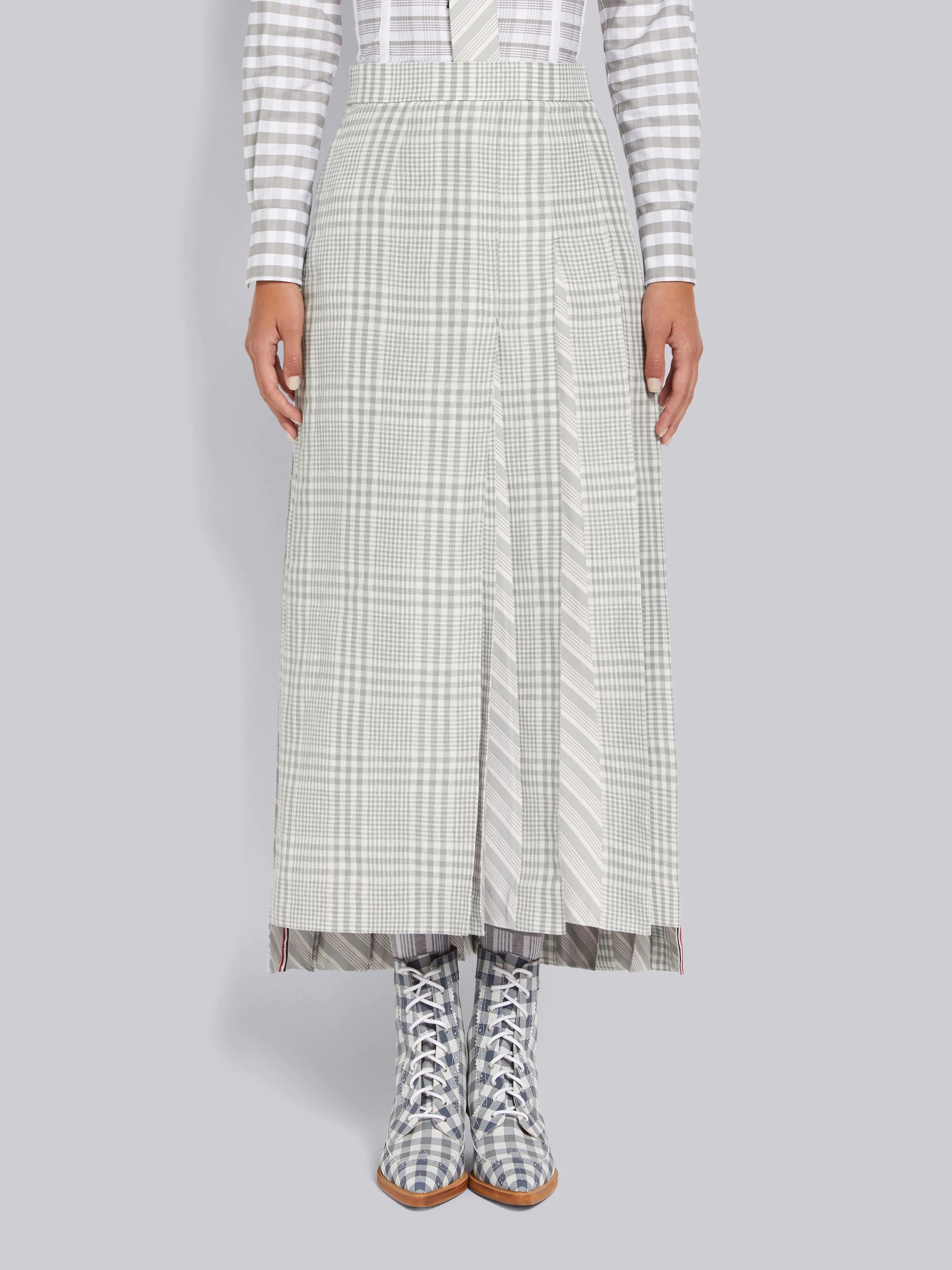 Medium Grey Gingham Crispy Linen Silk Jacquard Pleat Half Pleated Dropped Back Below the Knee Skirt - 1