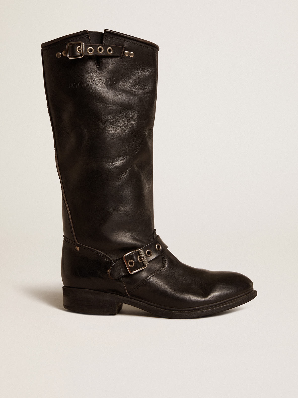 High Biker boots in black leather with silver studs and buckles - 1