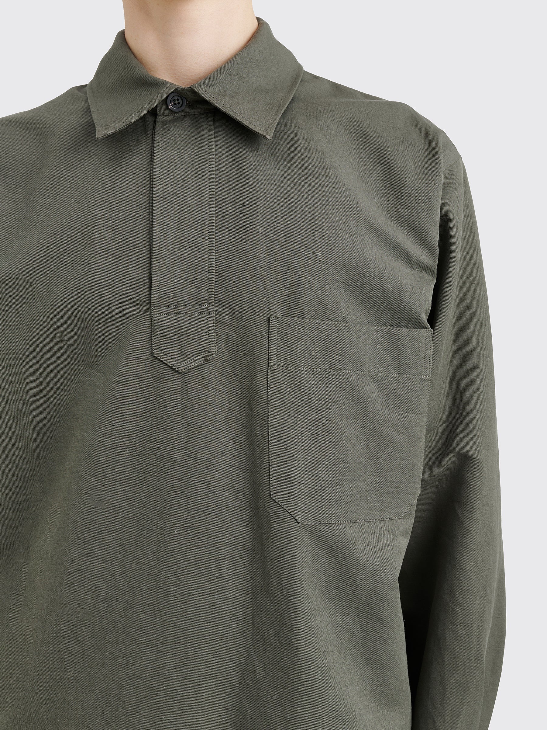 MARGARET HOWELL PULL OVER SHIRT LIGHT COTTON LINEN TWILL GREY GREEN - 5