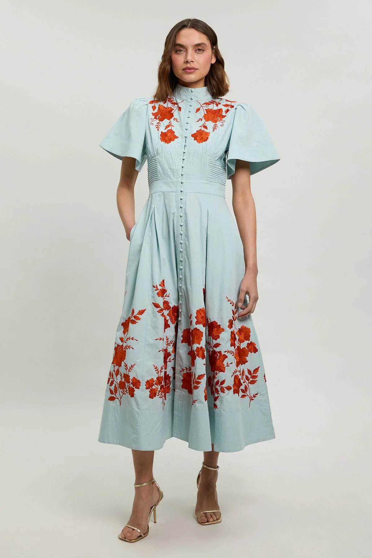 Embroidered Detail Pintuck Waist Shirt Dress - 1