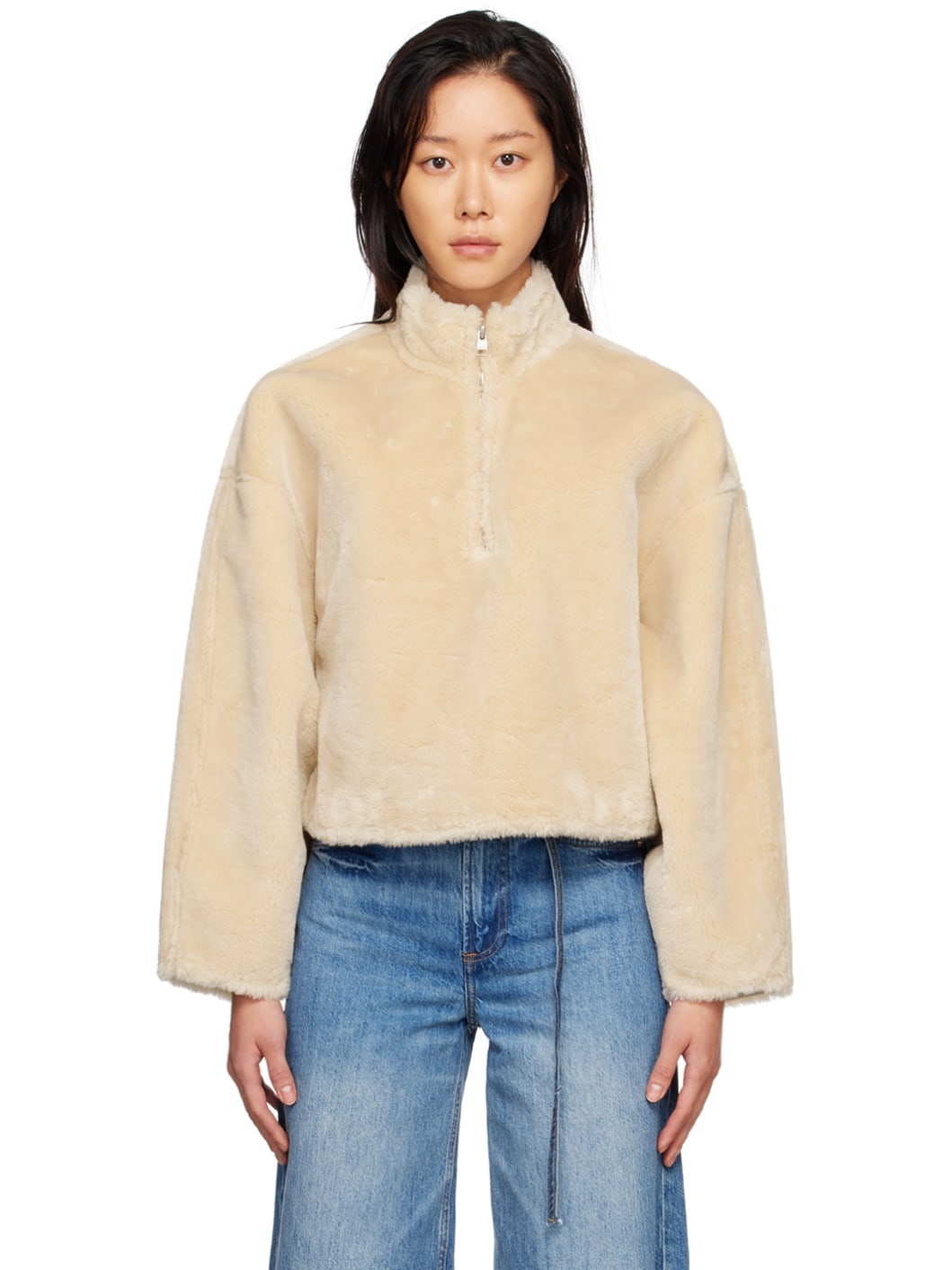 Beige Half-Zip Faux-Fur Sweater - 1