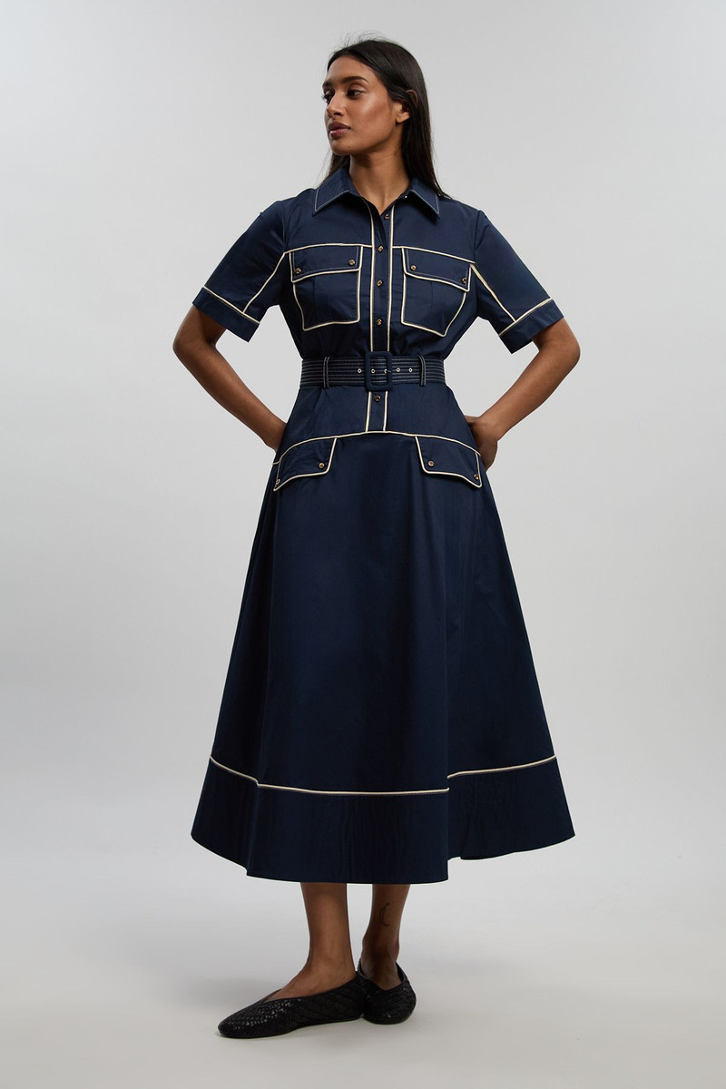 KAREN MILLEN Cotton Sateen Button Detail Woven Midi Shirt Dress With Contrast Piping outlook