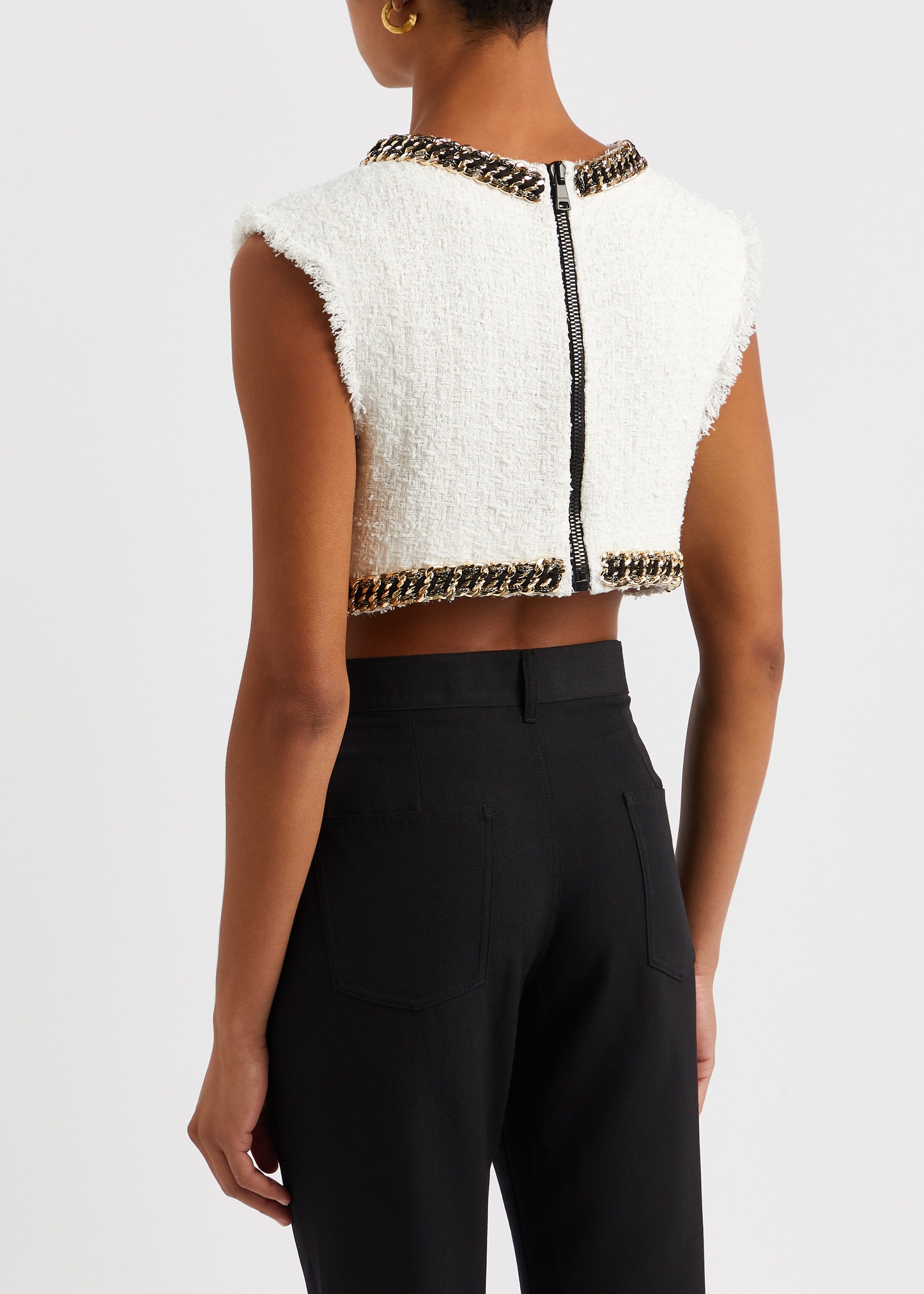 Logo-embroidered cropped tweed top - 3