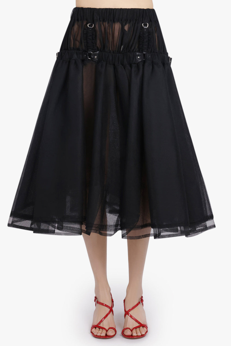 Noir Kei Ninomiya LAYERED TULLE GARTER BELTED MIDI SKIRT | BLACK outlook
