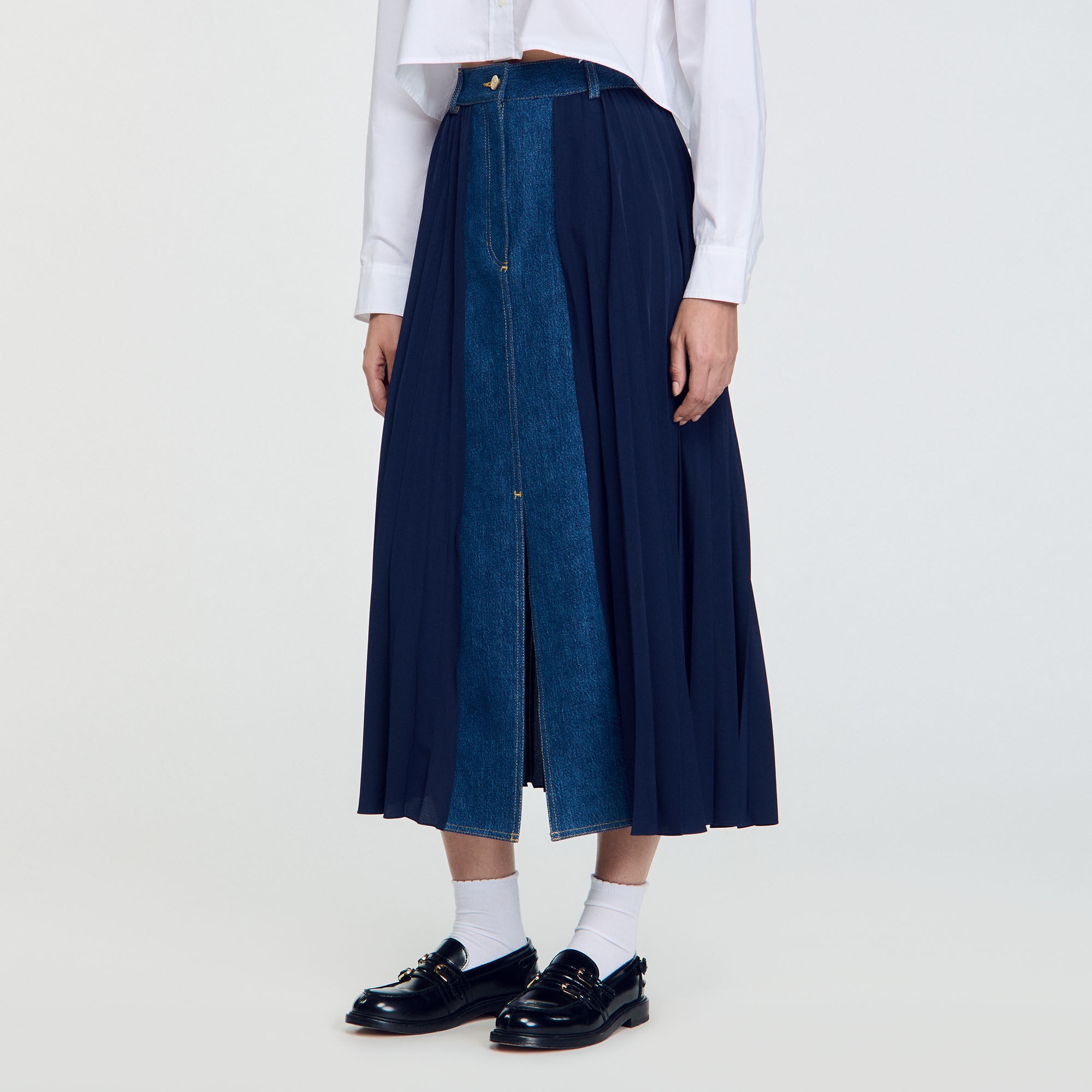 DUAL-MATERIAL DENIM PLEATED SKIRT - 5
