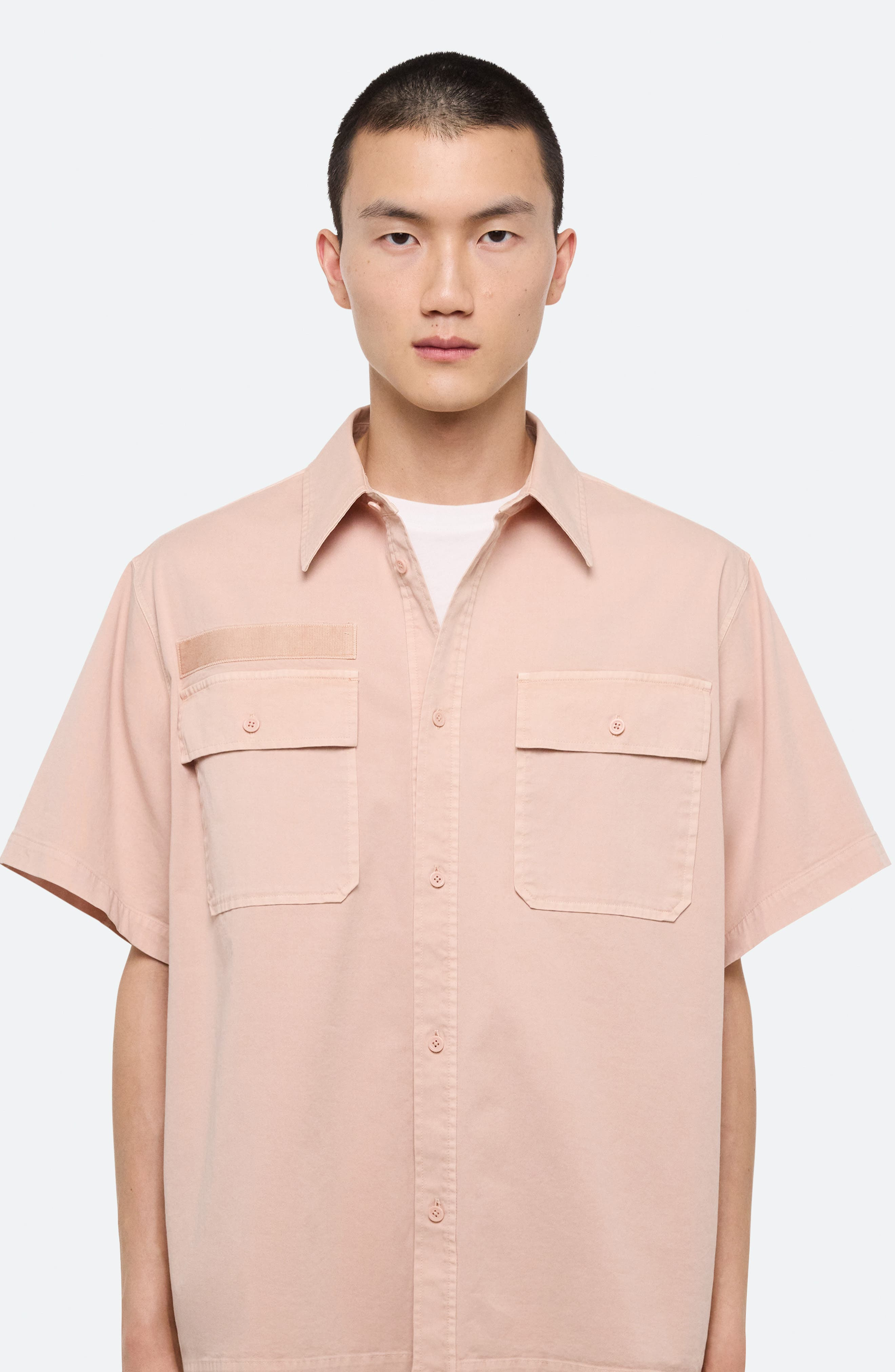 Helmut Lang GD Uniform Short Sleeve Stretch Twill Button Up Shirt in Salmon at Nordstrom - 2