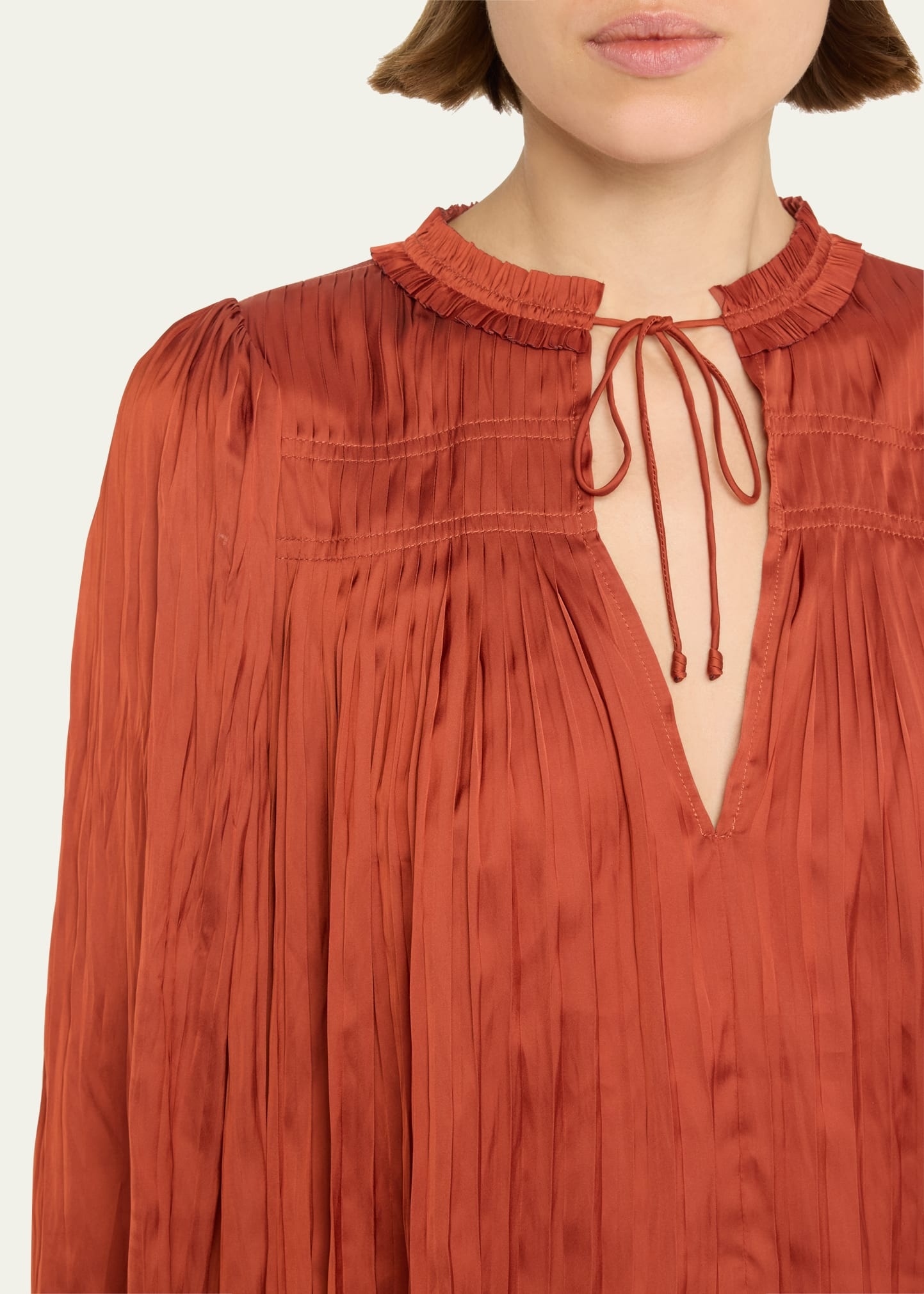 Leah Pleated Split-Neck Puff-Sleeve Blouse - 5