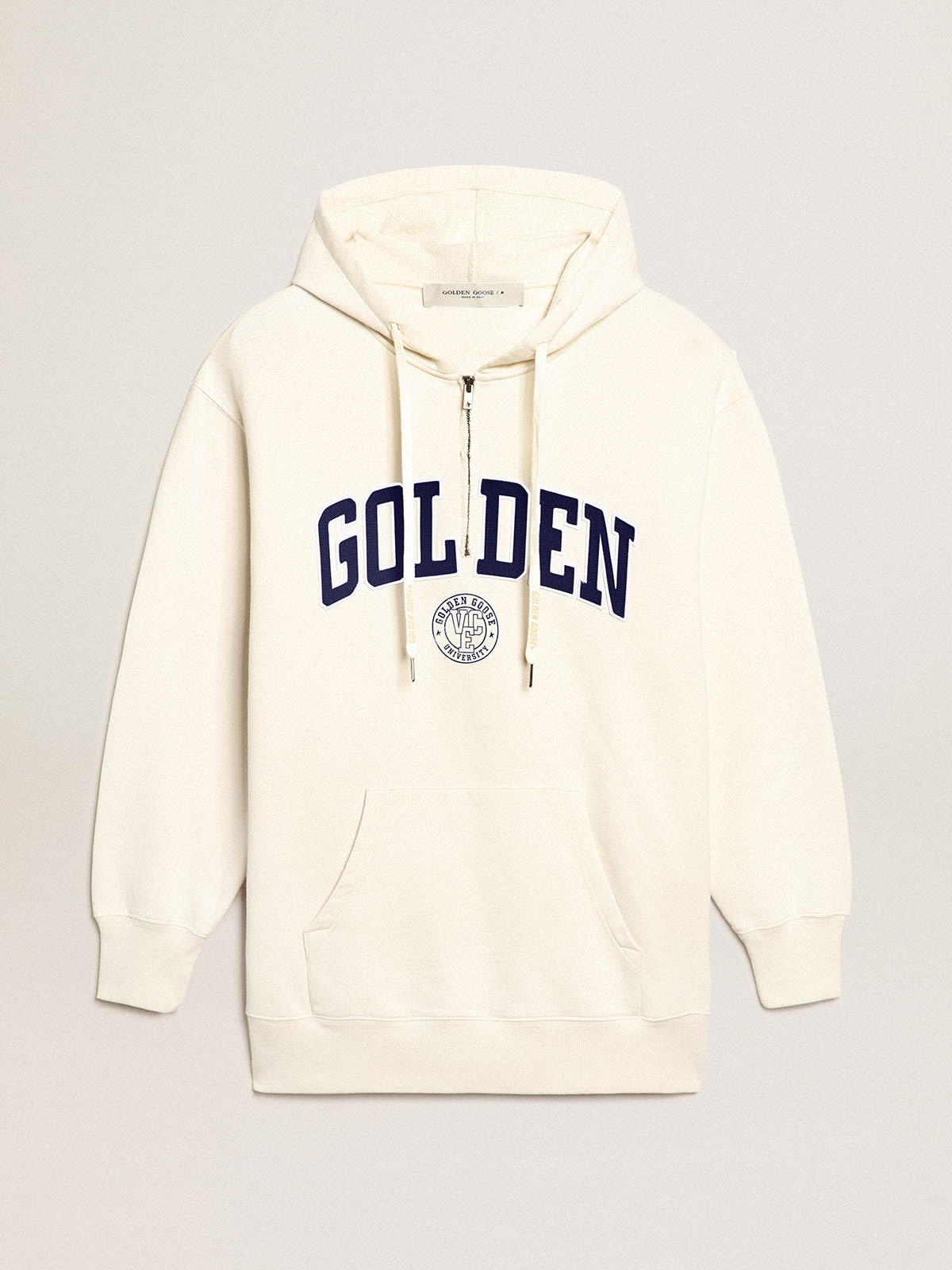 White sweatshirt dress with hood and Golden patch - 1